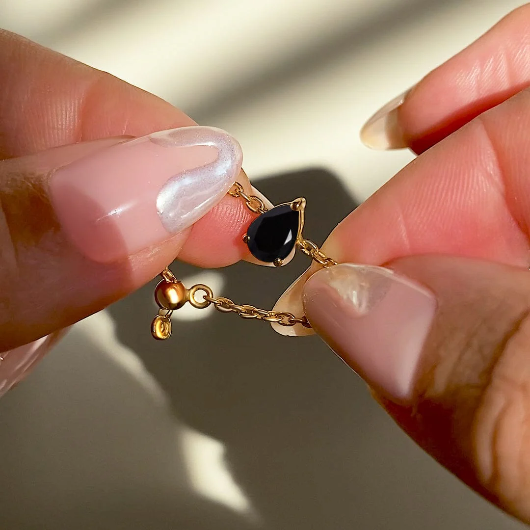 Black Obsidian Adjustable Chain Ring - Dew Drop - Image 17