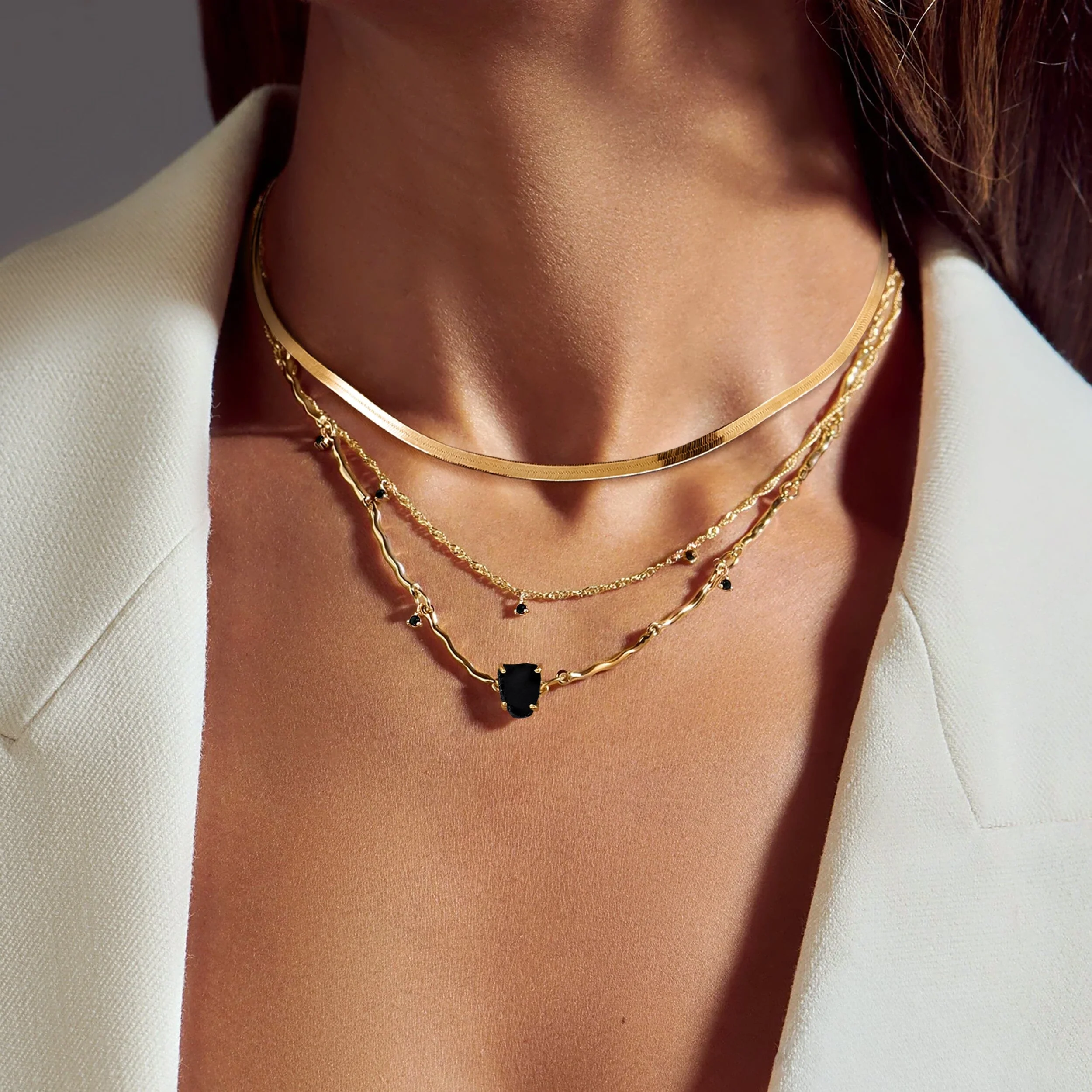 Black Obsidian Flowing Necklace & Herringbone Chain - Image 6