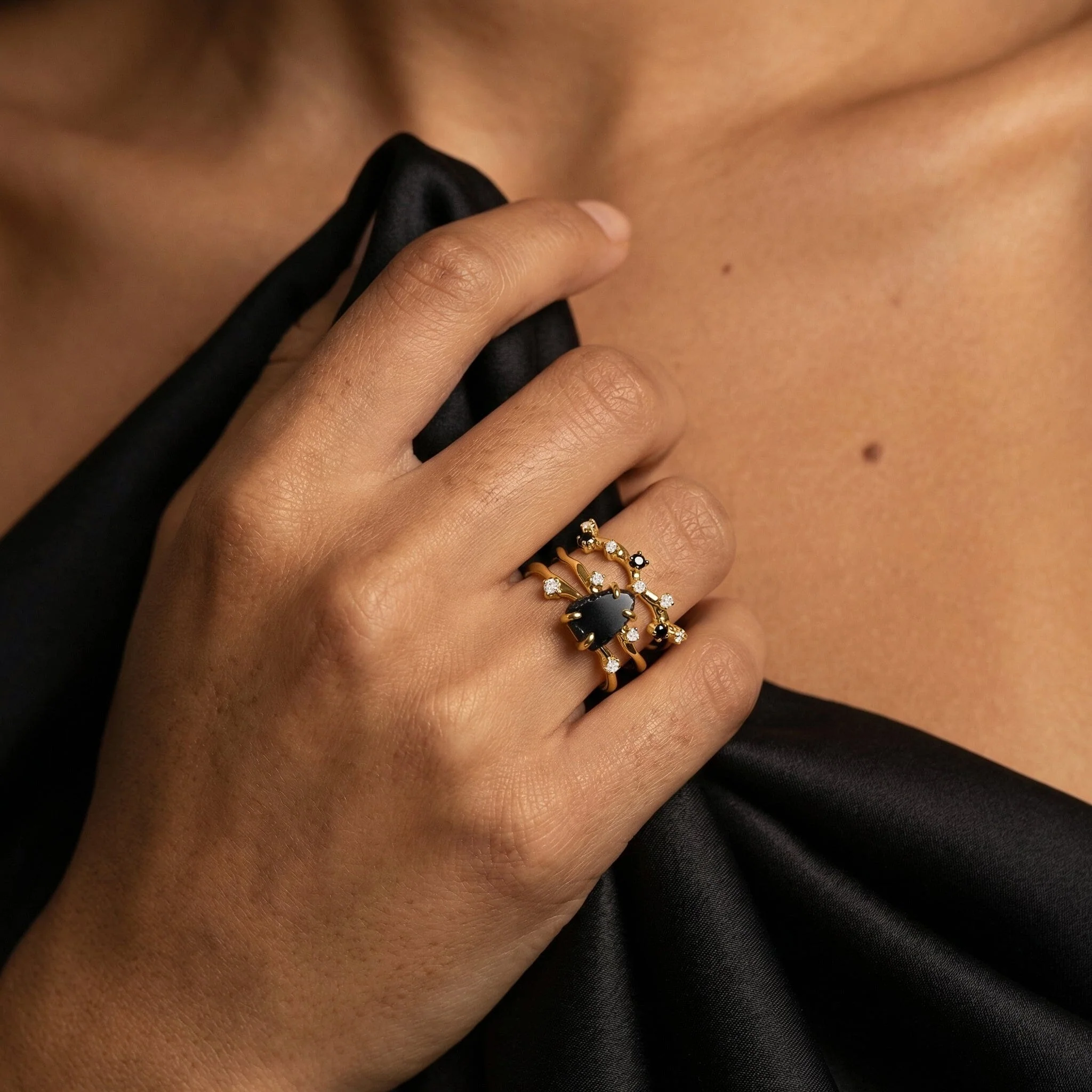 Black Obsidian Lab Diamond Flow Ring & Stardust Band - Image 19