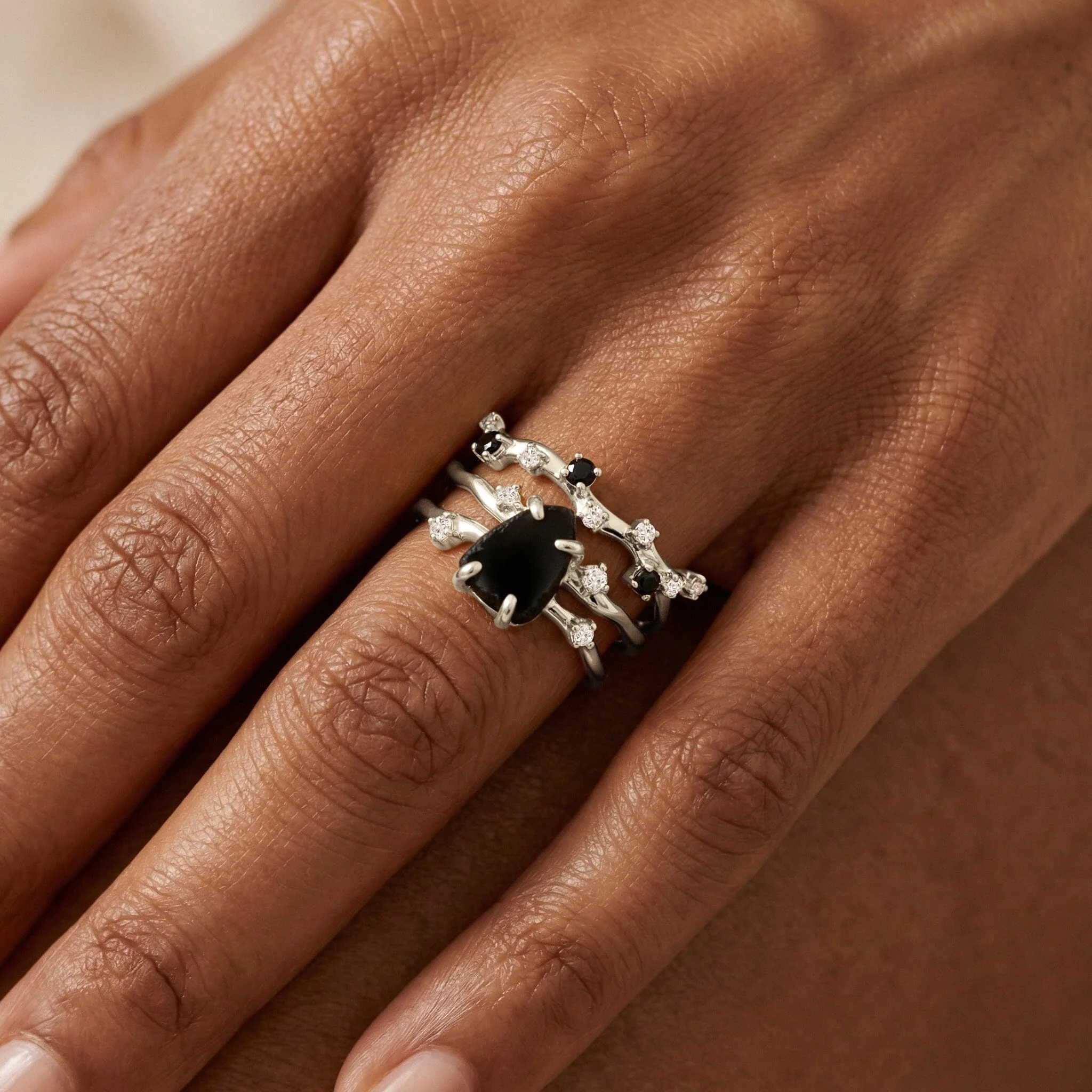 Black Obsidian Lab Diamond Flow Ring & Stardust Band - Image 2