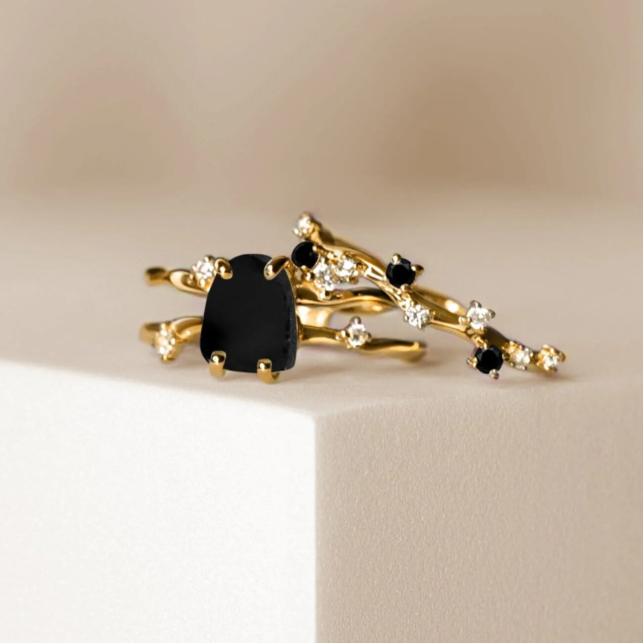 Black Obsidian Lab Diamond Flow Ring & Stardust Band - Image 28