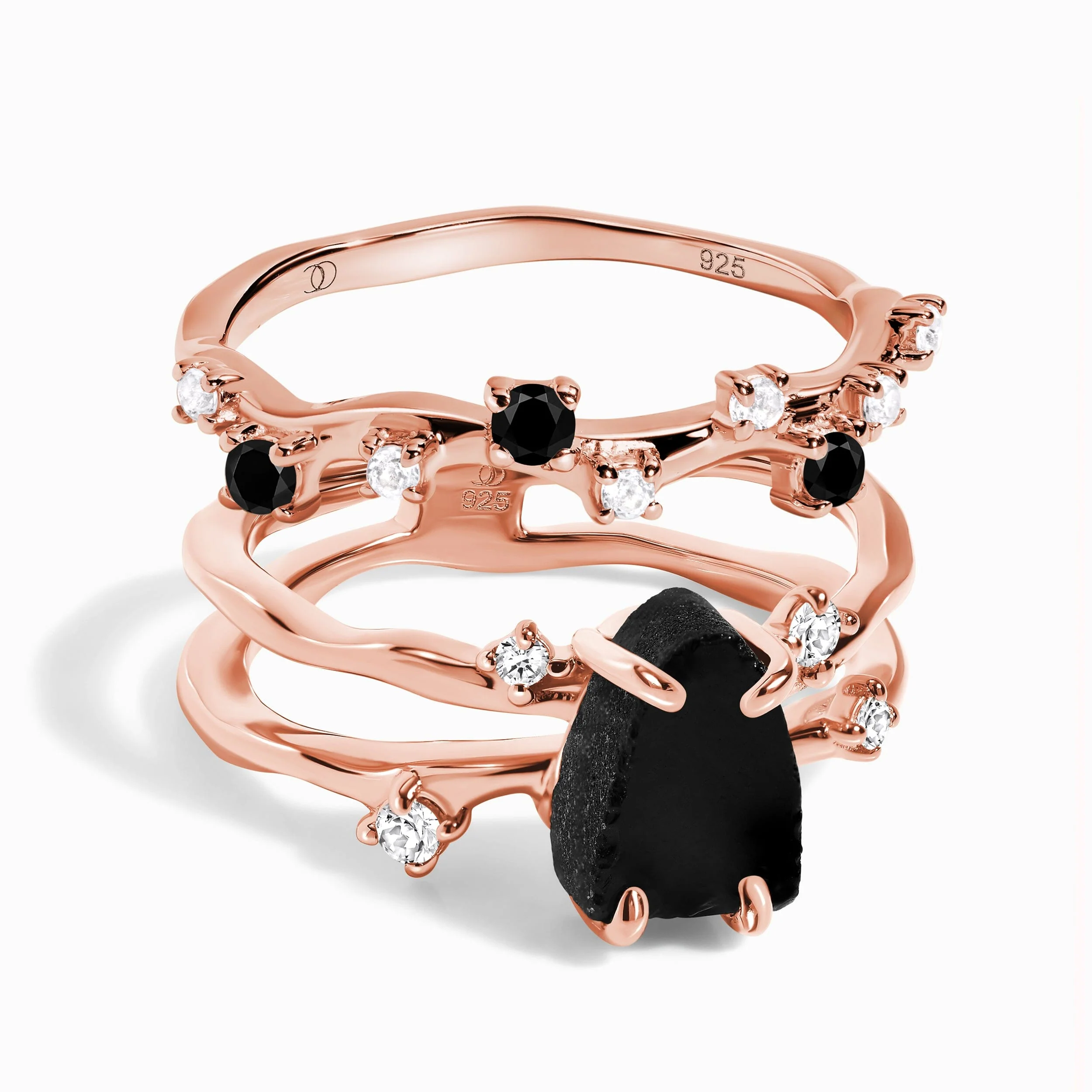 Black Obsidian Lab Diamond Flow Ring & Stardust Band - Image 3