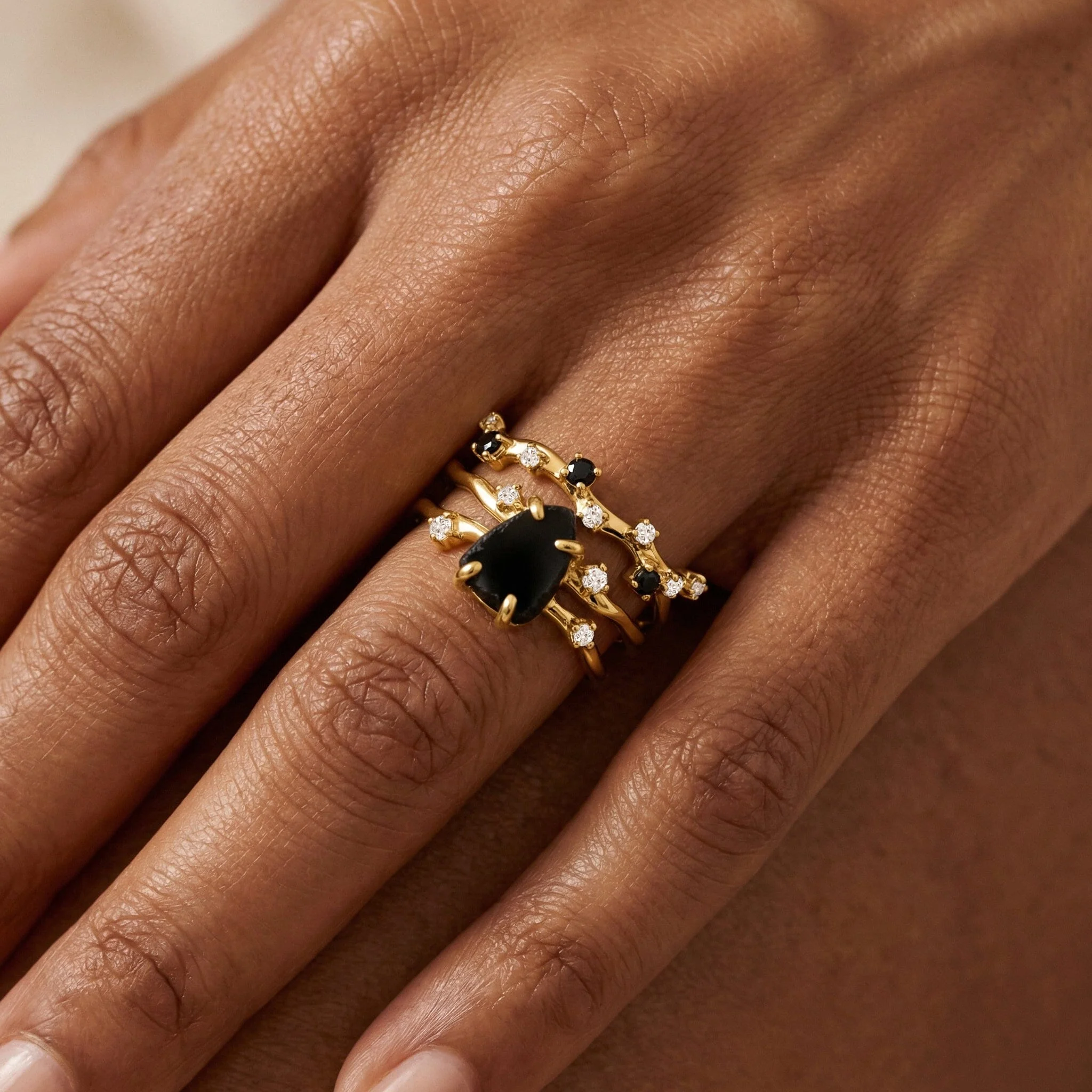 Black Obsidian Lab Diamond Flow Ring & Stardust Band - Image 6