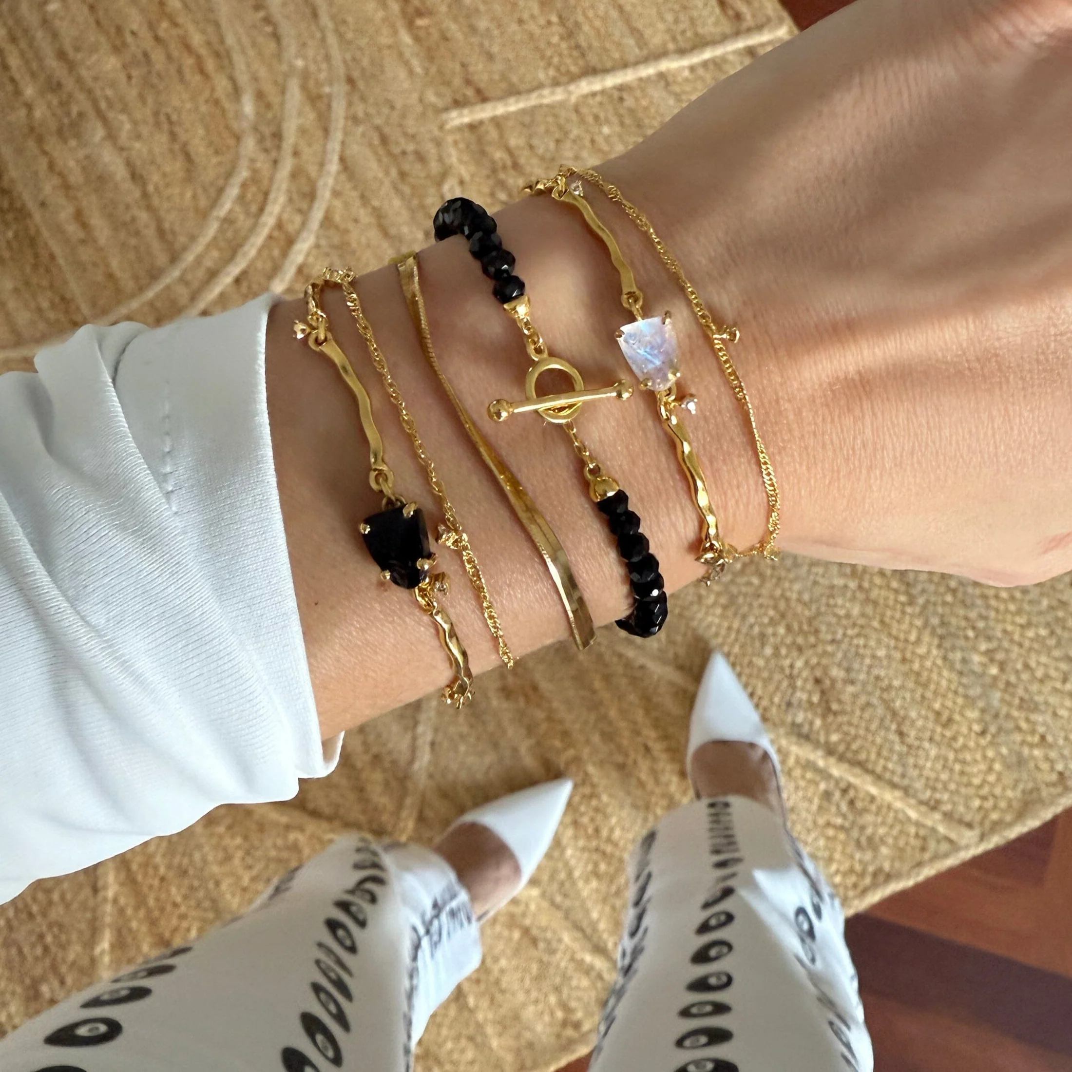 Black Obsidian & Moonstone Bracelet Stack - Energy Armor - Image 11