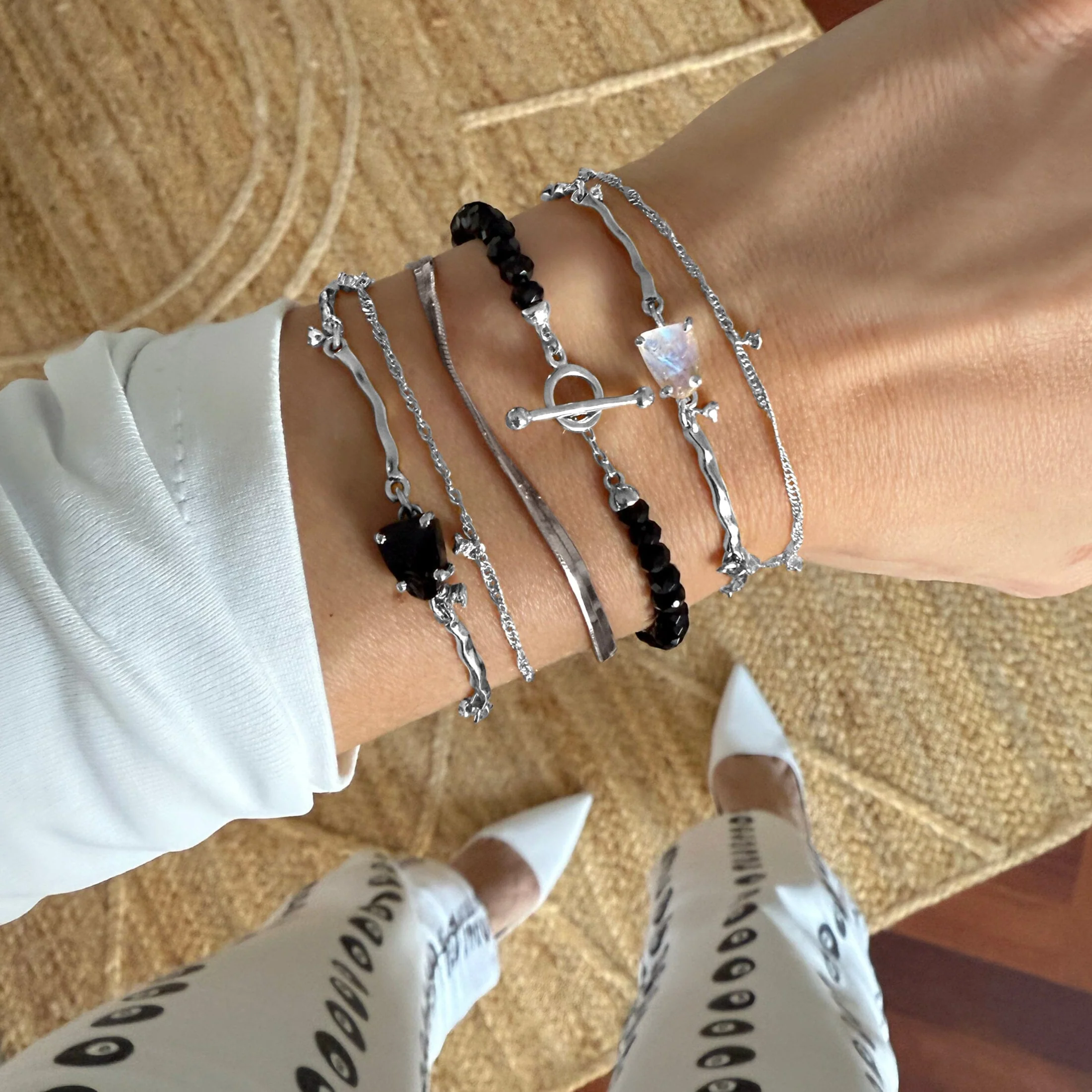 Black Obsidian & Moonstone Bracelet Stack - Energy Armor - Image 9