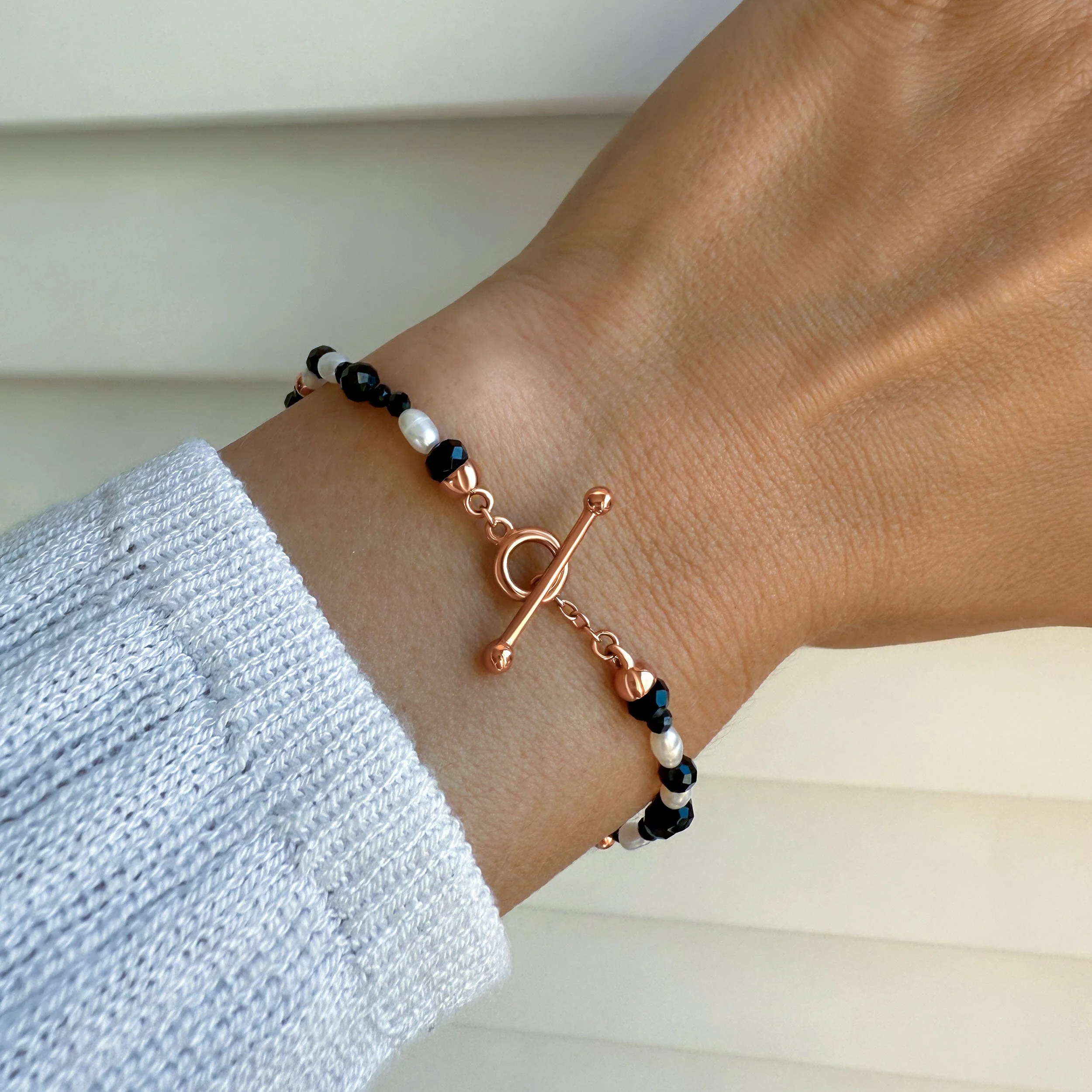 Black Obsidian Rice Pearl T-Lock Beads Bracelet - Power Flow - Image 4