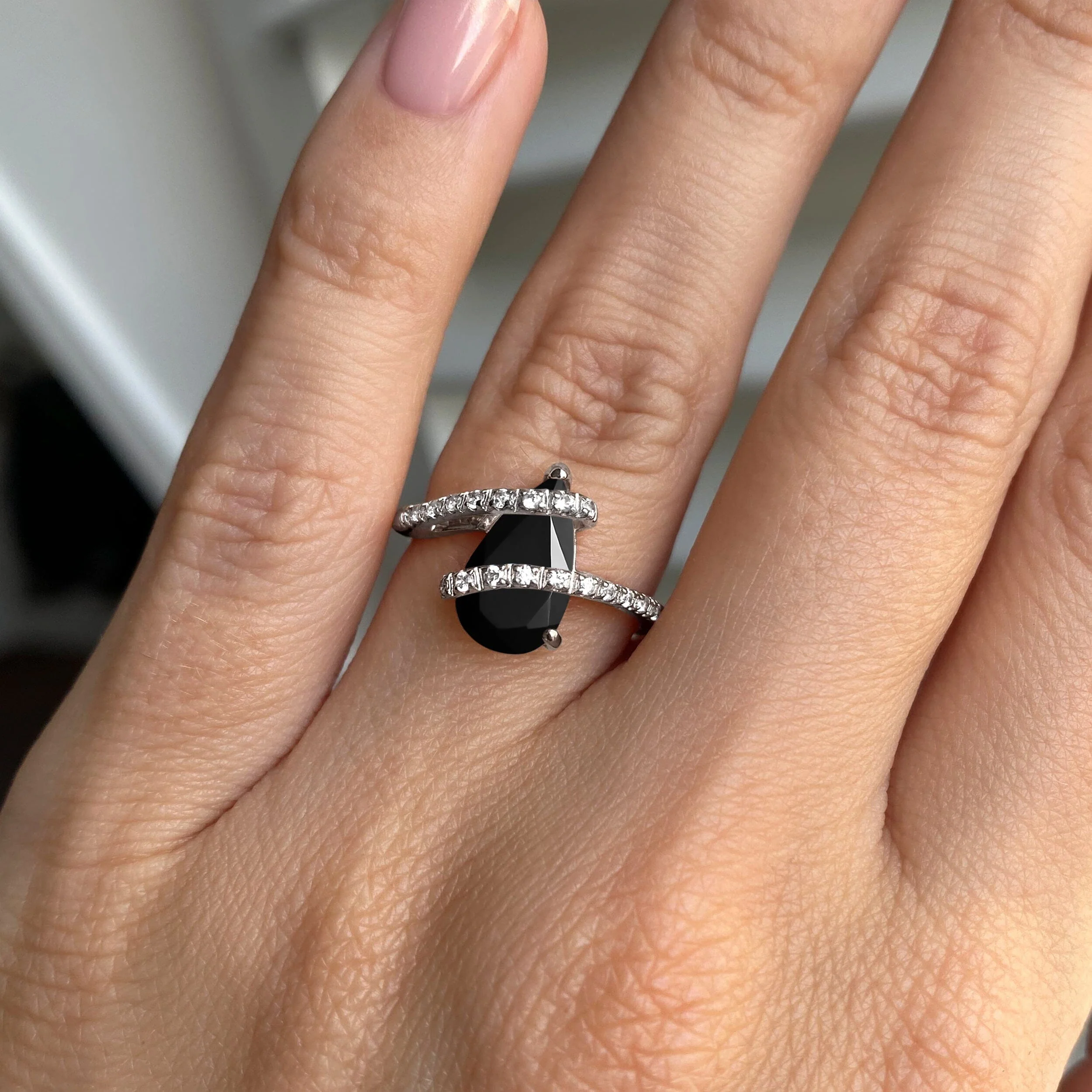 Black Obsidian White Zircon Ring - Bypass - Image 2