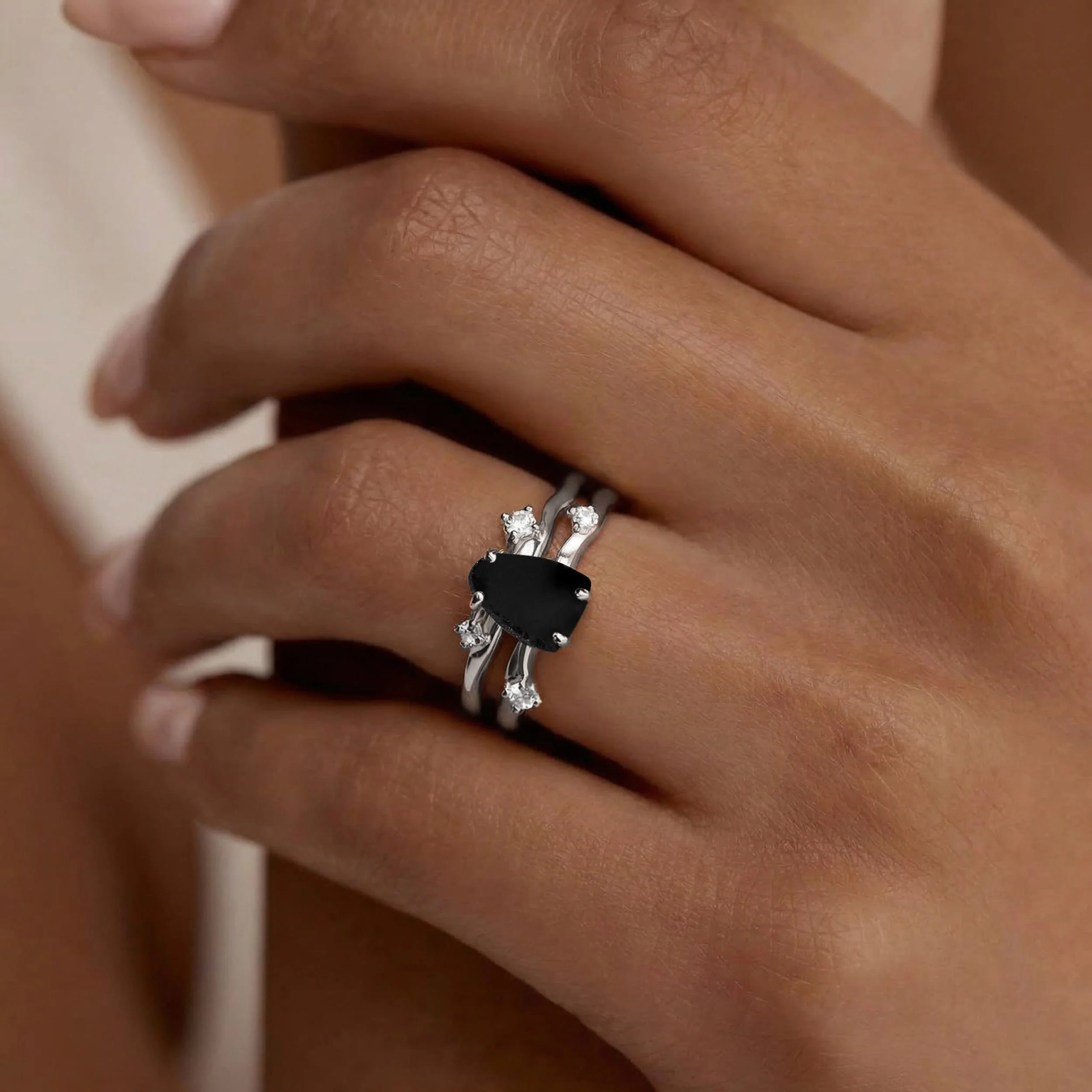 Fine Black Obsidian Lab Diamond Ring - Flow - Image 4