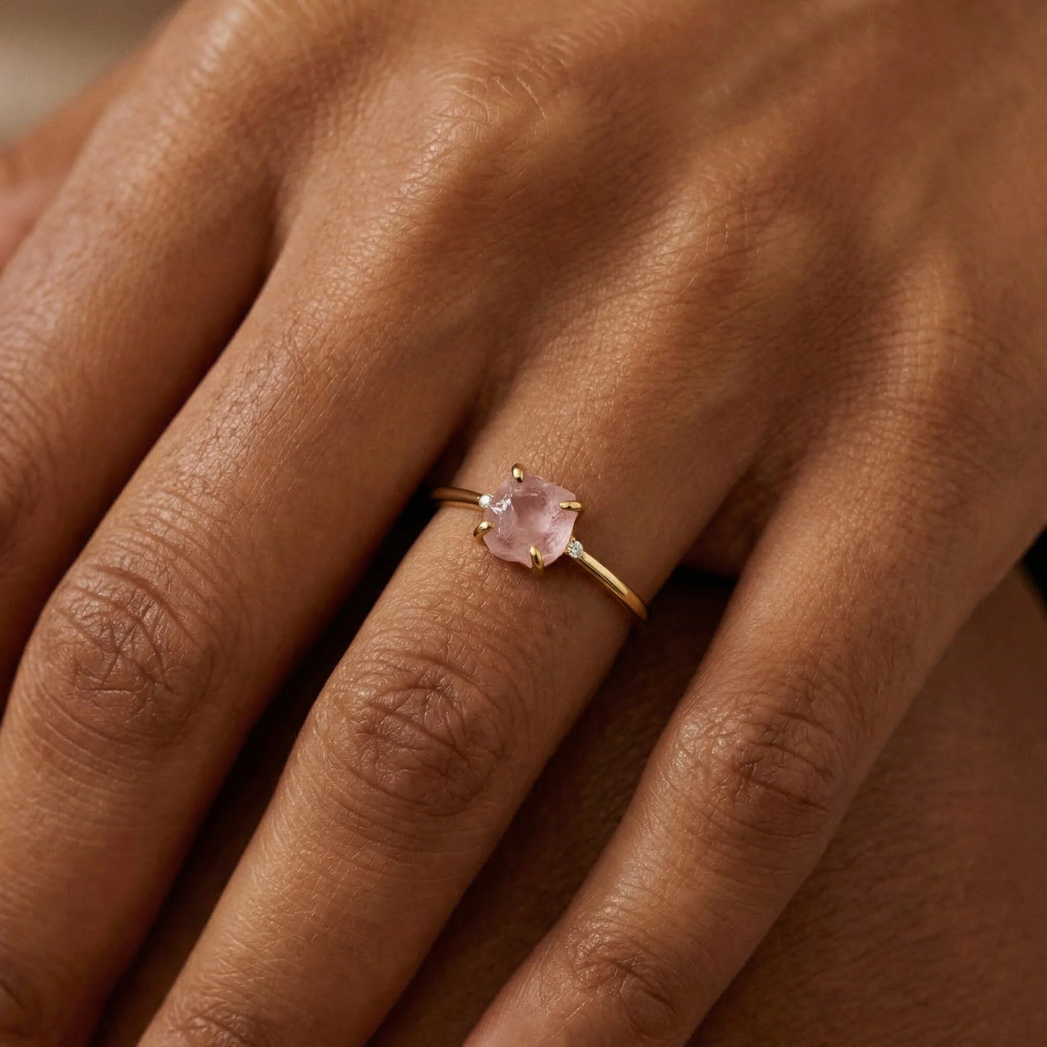 Fine Rose Quartz Lab Diamond Ring - Petite Raw Allure - Image 6