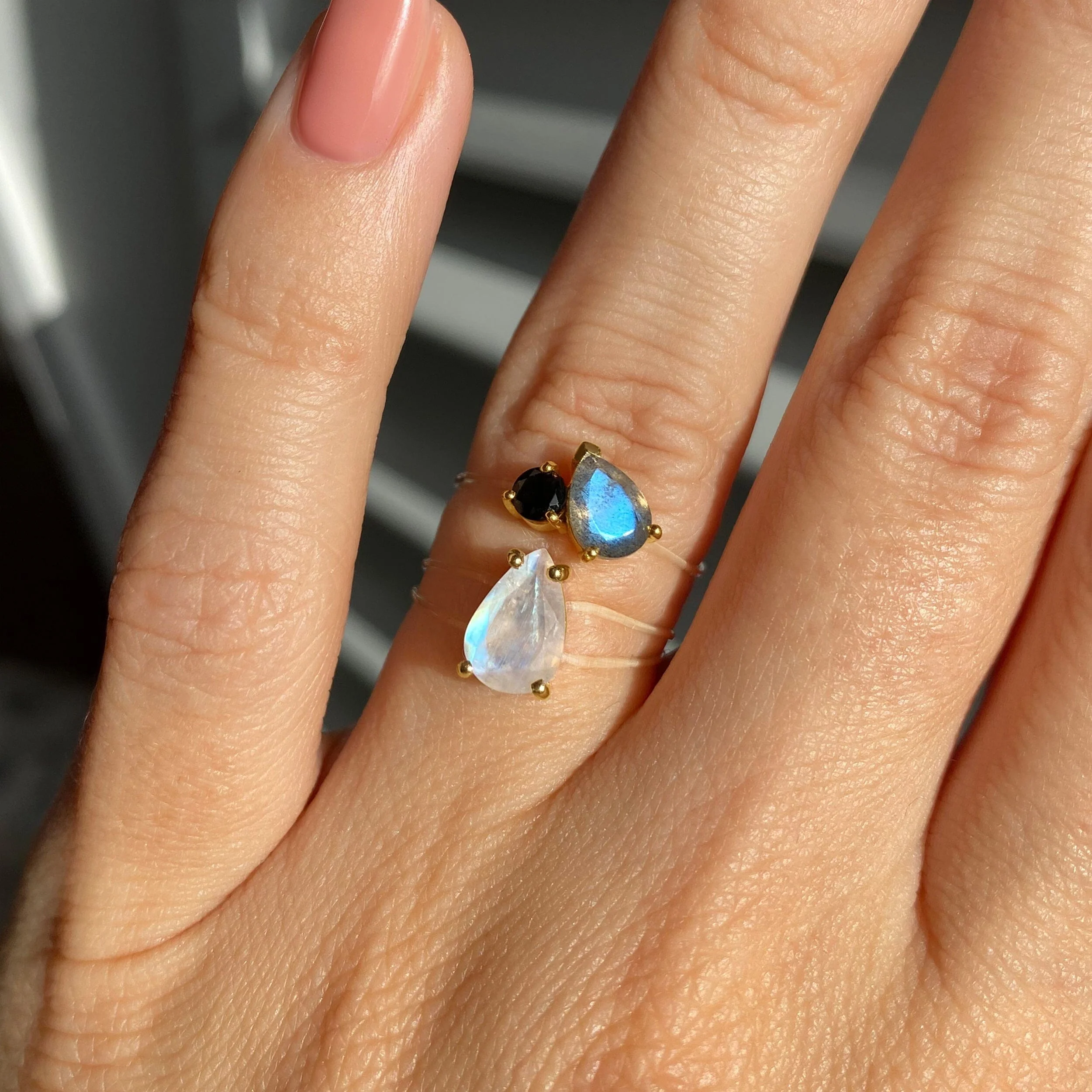 Labradorite Black Obsidian Toi Et Moi & Moonstone Sway Floating Rings - Image 8
