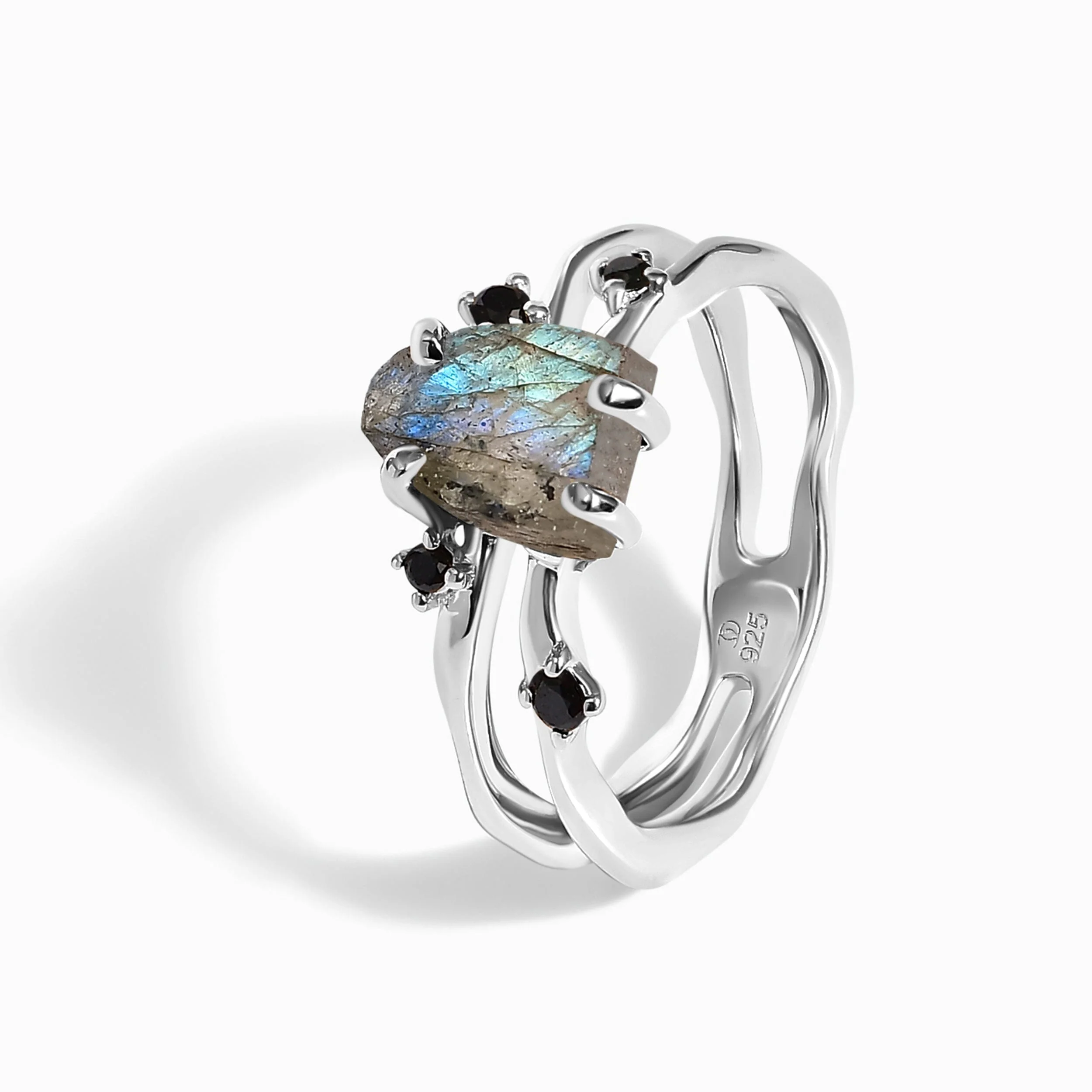 Raw Crystal Ring - Flow Labradorite Black Spinel - Image 11