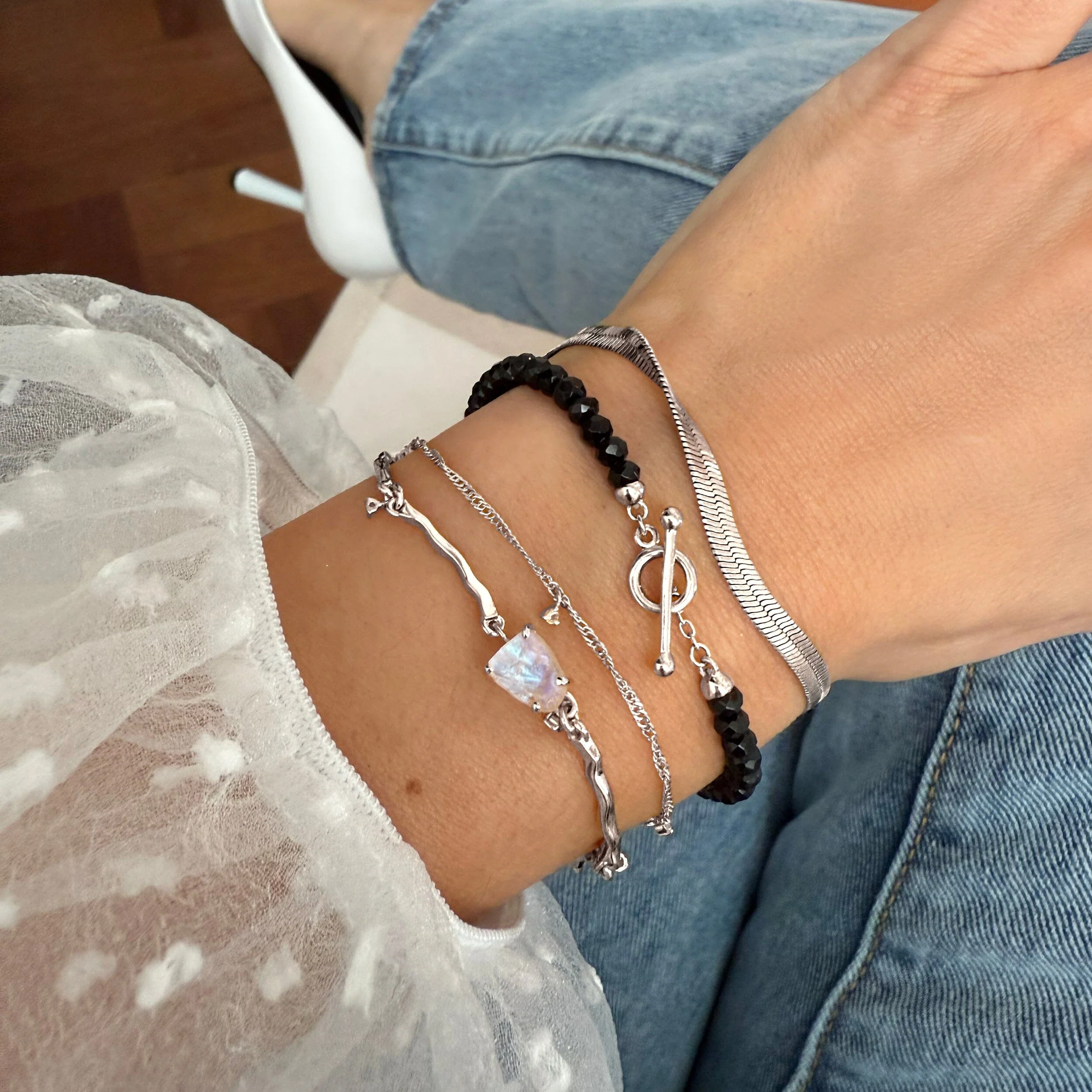 Moonstone & Black Obsidian Bracelet Stack - Energy Armor - Image 9