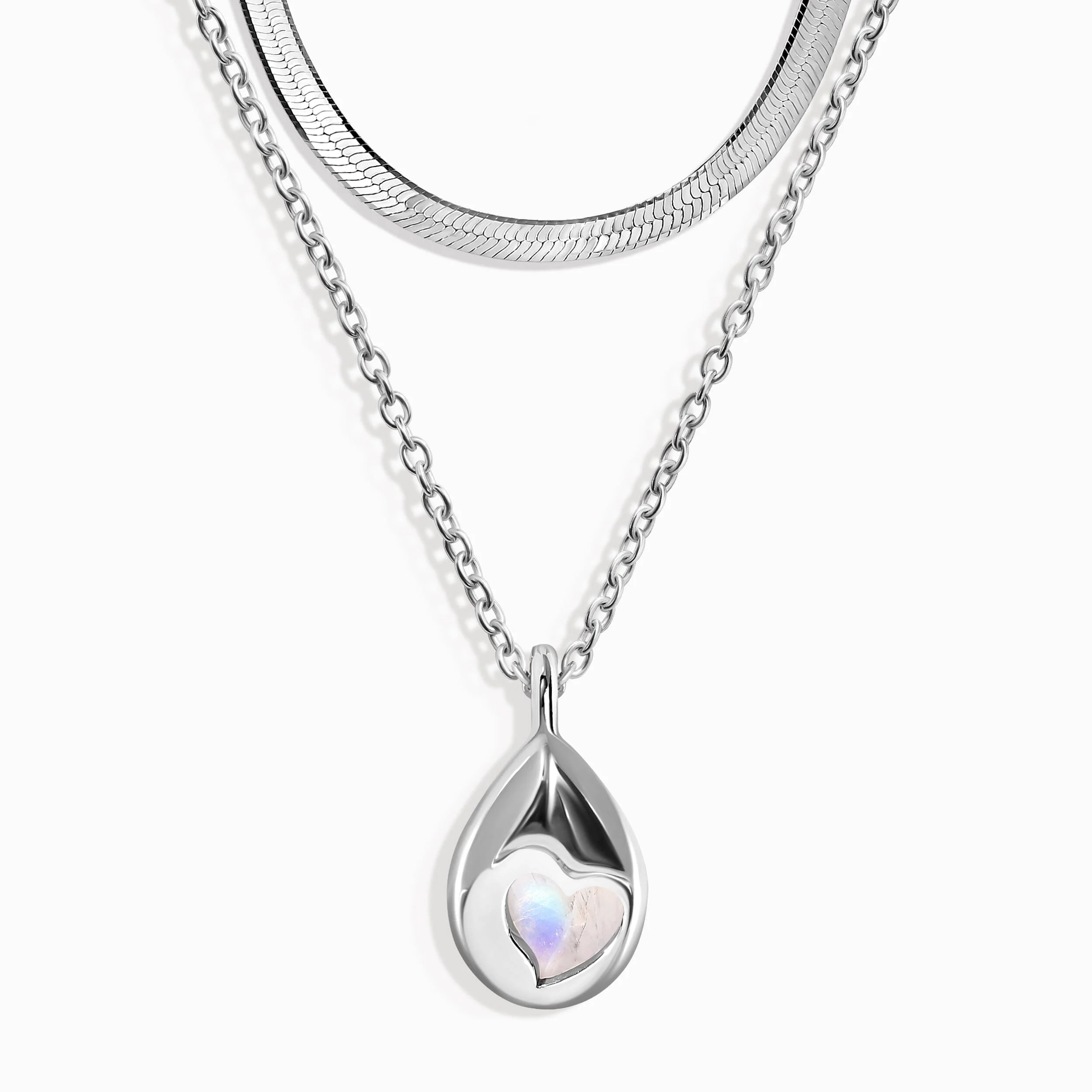 Moonstone Hidden Heart Necklace & Herringbone Chain - Image 8