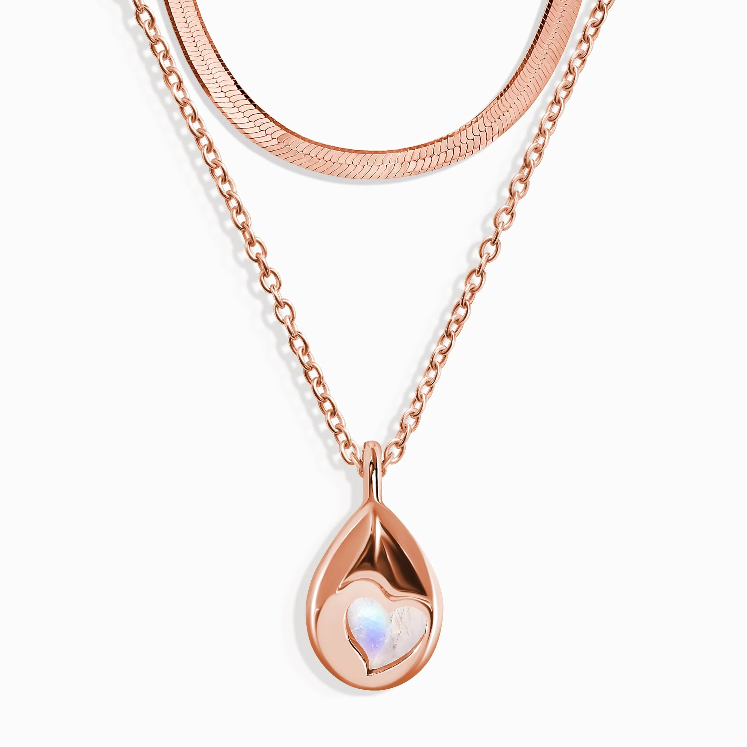 Moonstone Hidden Heart Necklace & Herringbone Chain - Image 9