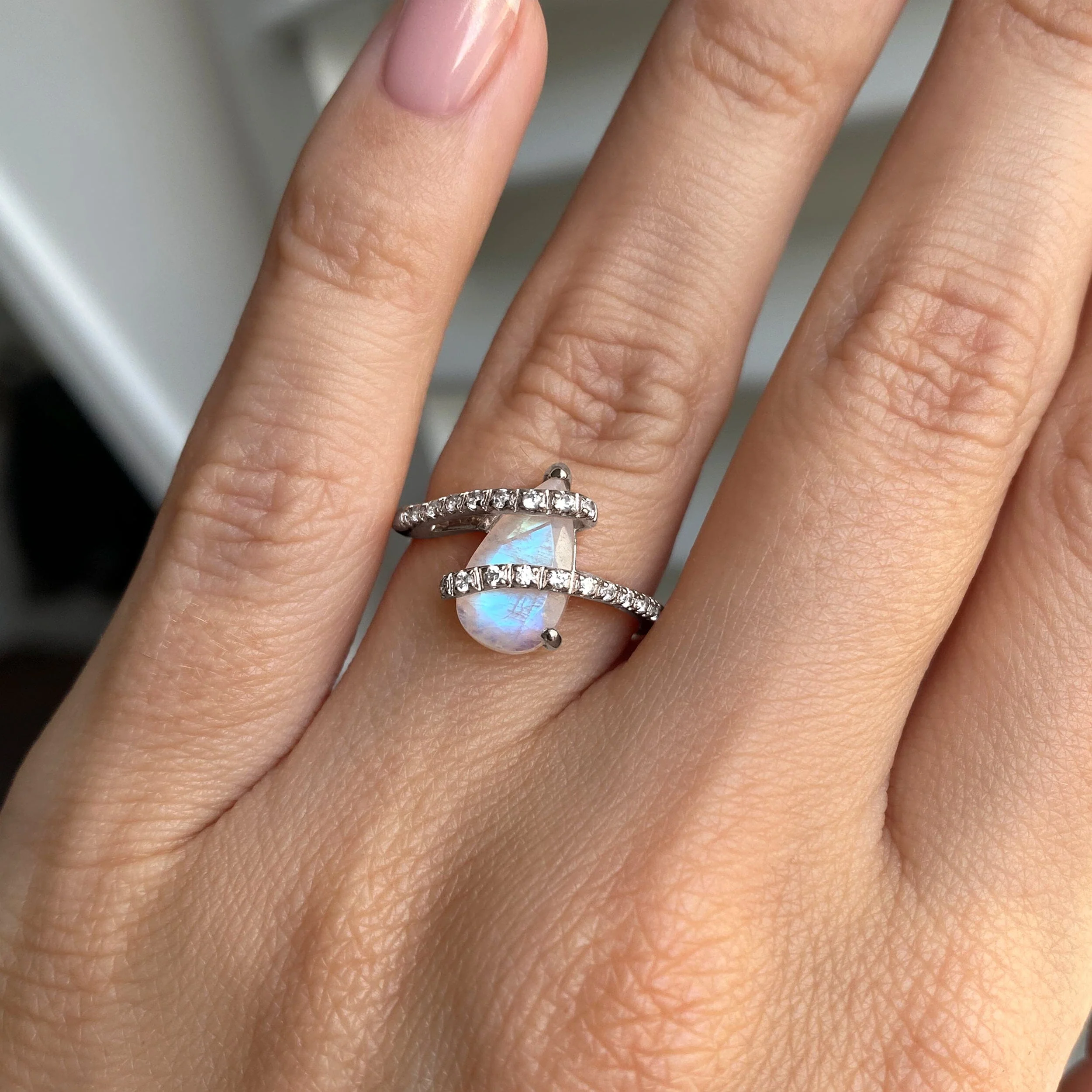 Moonstone White Zircon Ring - Bypass - Image 2