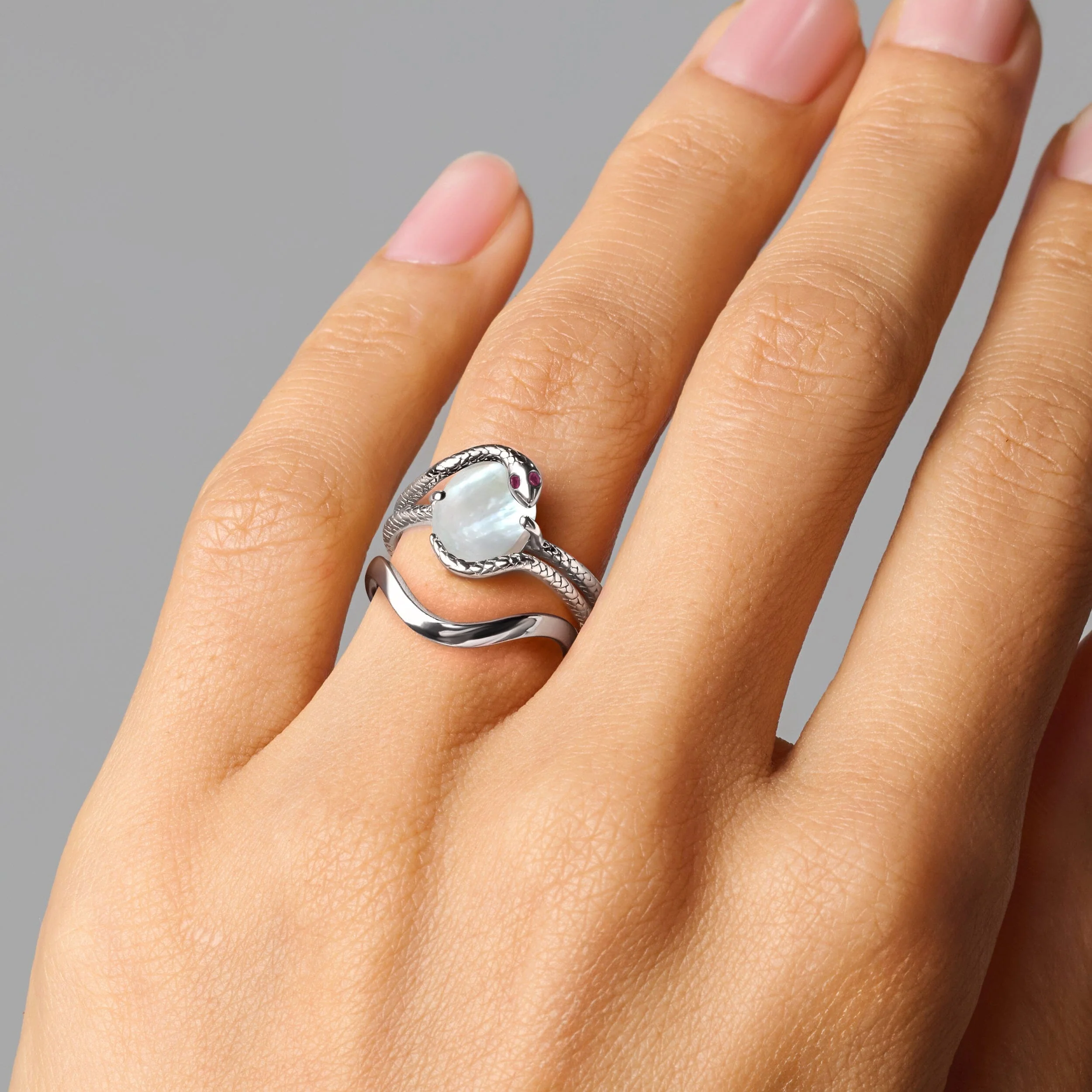 Mother of Pearl Ruby Serpent Ring & Waves Band - Image 2