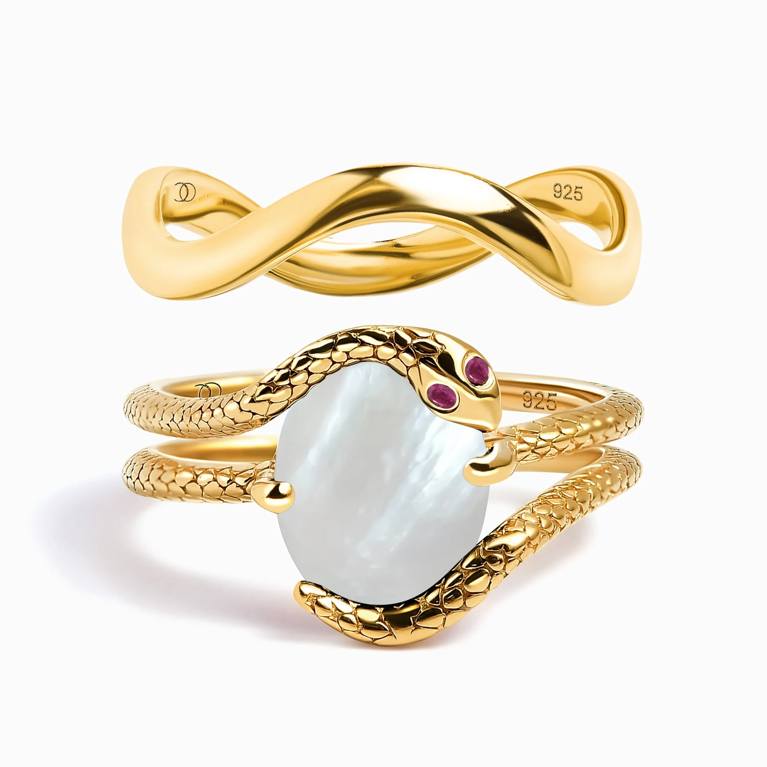 Mother of Pearl Ruby Serpent Ring & Waves Band - Image 3