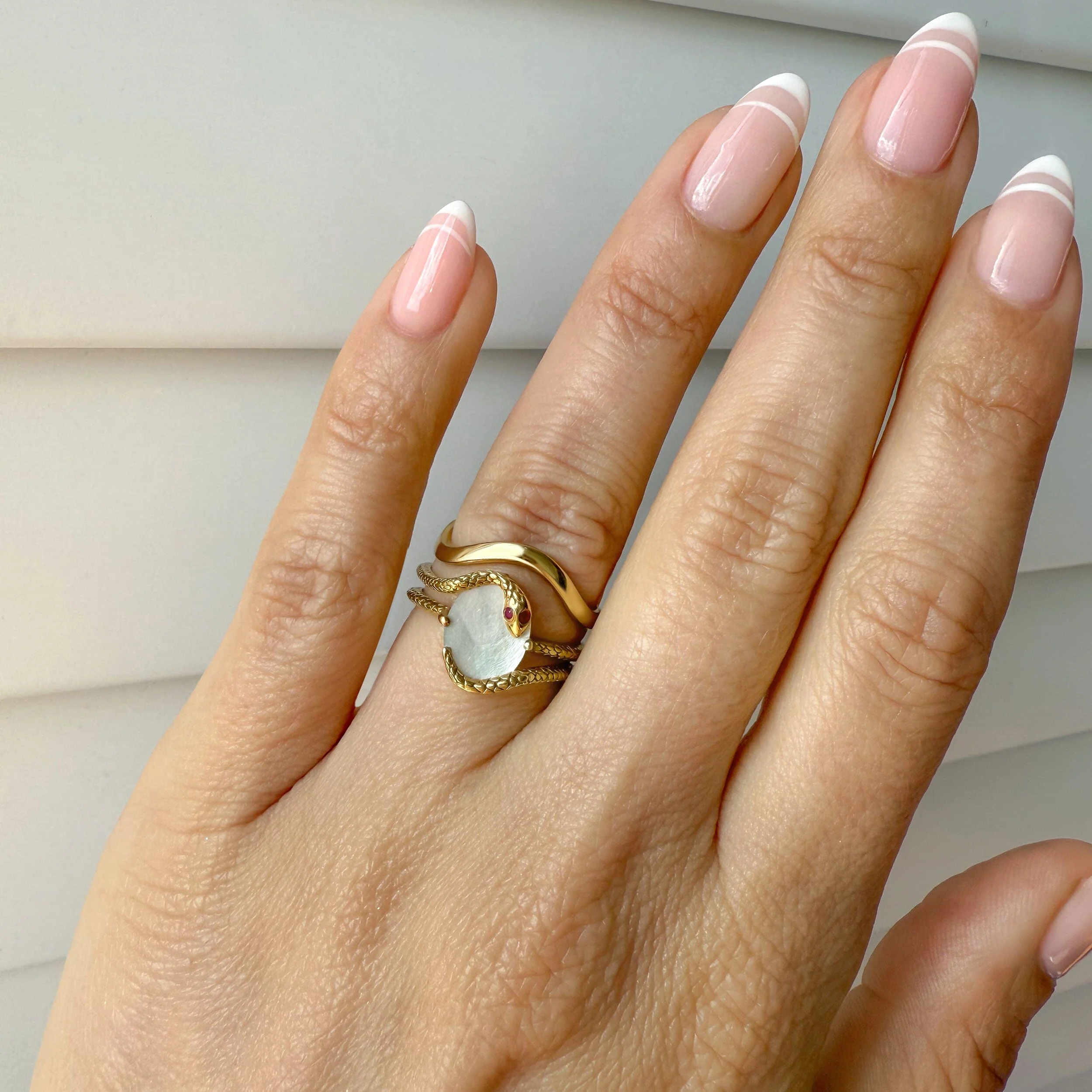 Mother of Pearl Ruby Serpent Ring & Waves Band - Image 6