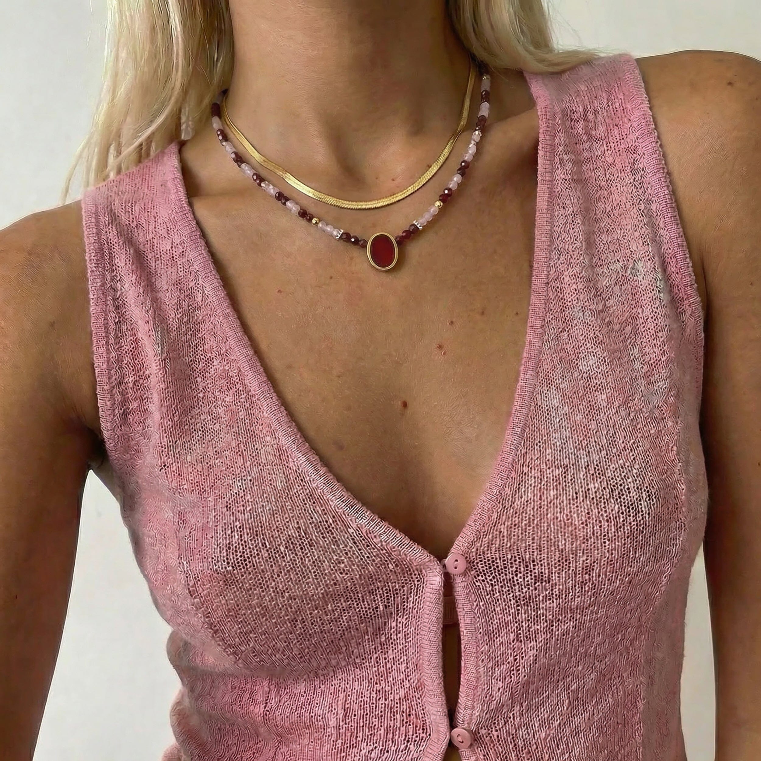 Pink Quartz & Rose Quartz & Garnet Beads Divina Necklace - Enfolded - Image 17