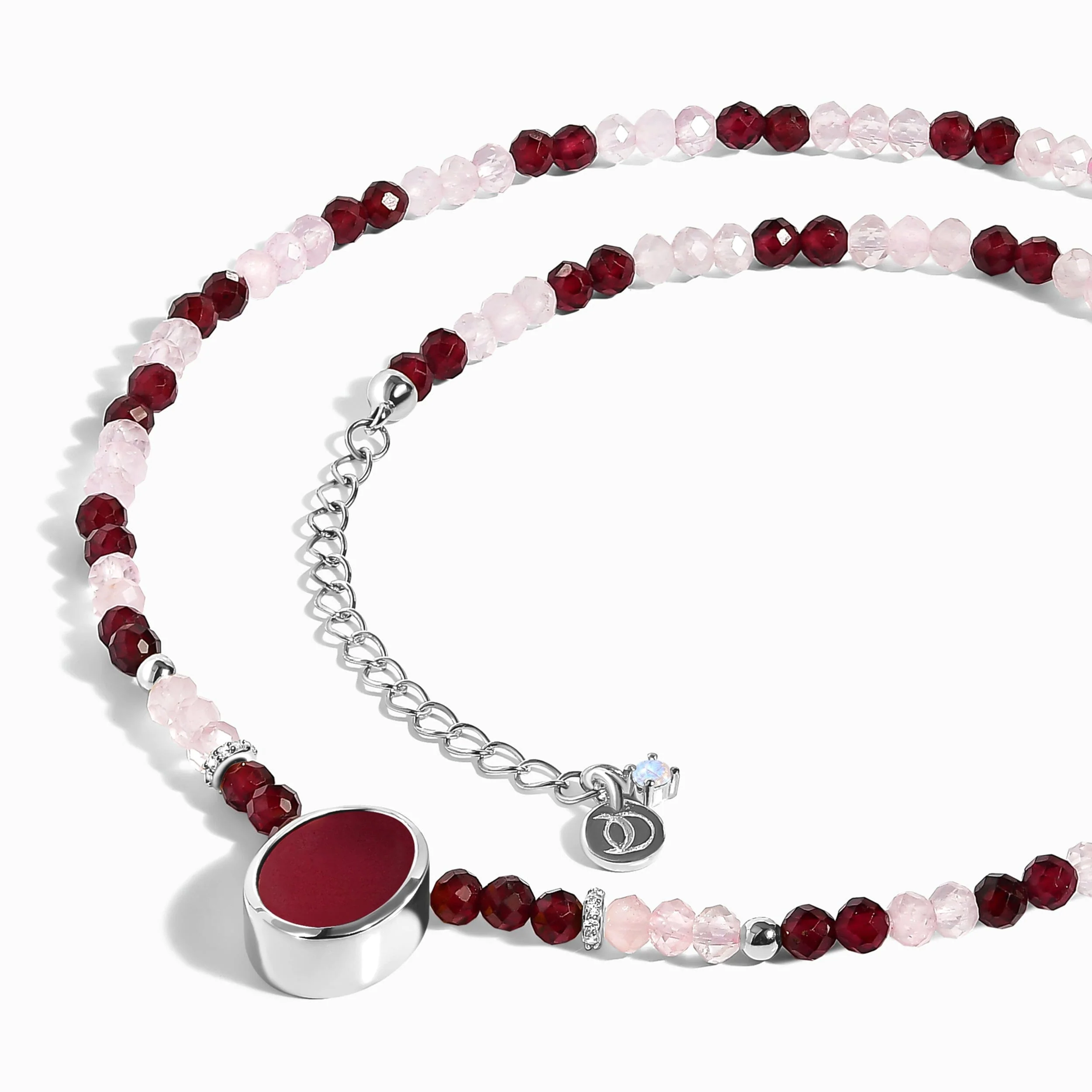 Pink Quartz & Rose Quartz & Garnet Beads Divina Necklace - Enfolded - Image 18