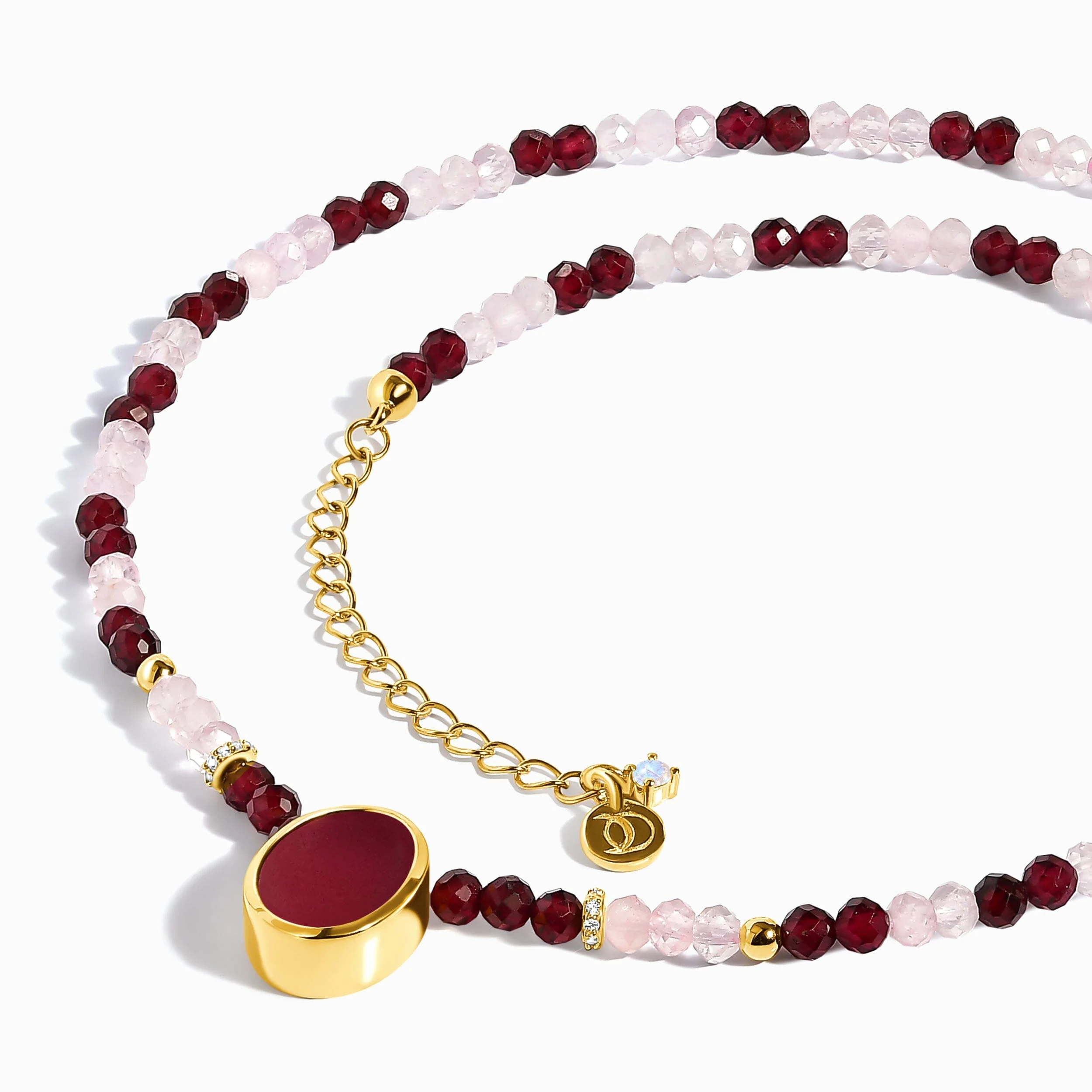 Pink Quartz & Rose Quartz & Garnet Beads Divina Necklace - Enfolded - Image 20