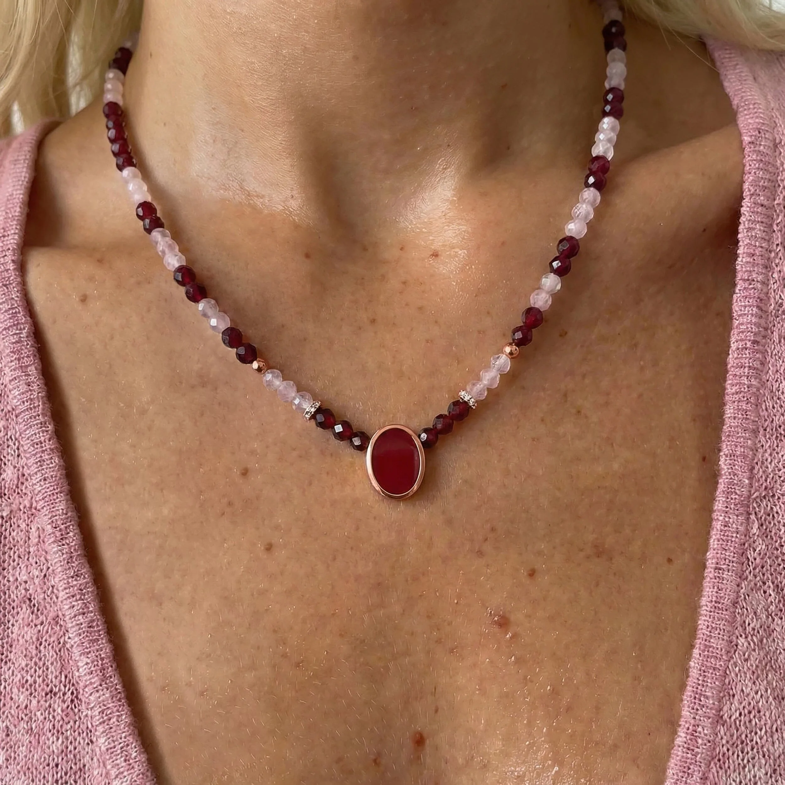 Pink Quartz & Rose Quartz & Garnet Beads Divina Necklace - Enfolded - Image 4