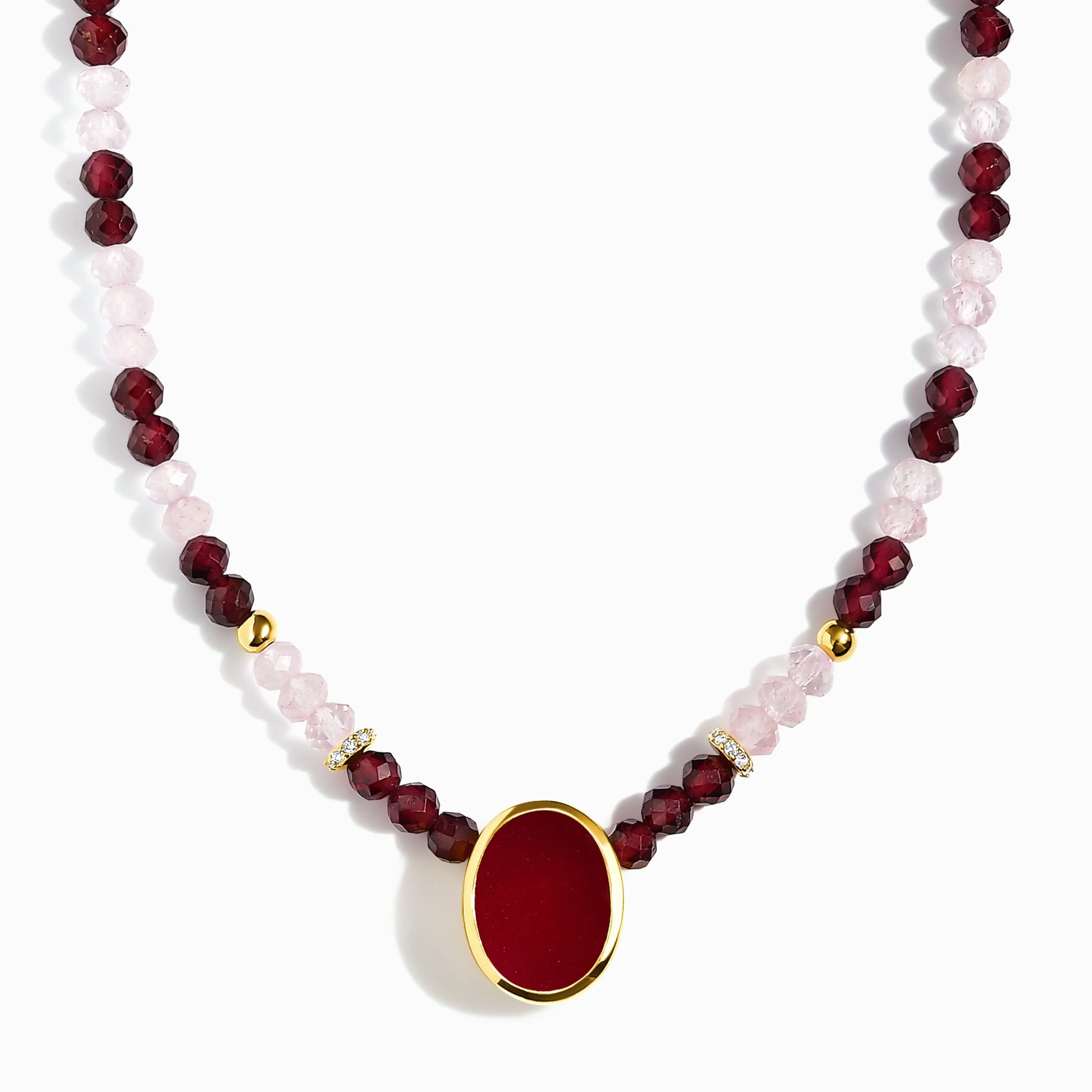 Pink Quartz & Rose Quartz & Garnet Beads Divina Necklace - Enfolded - Image 5