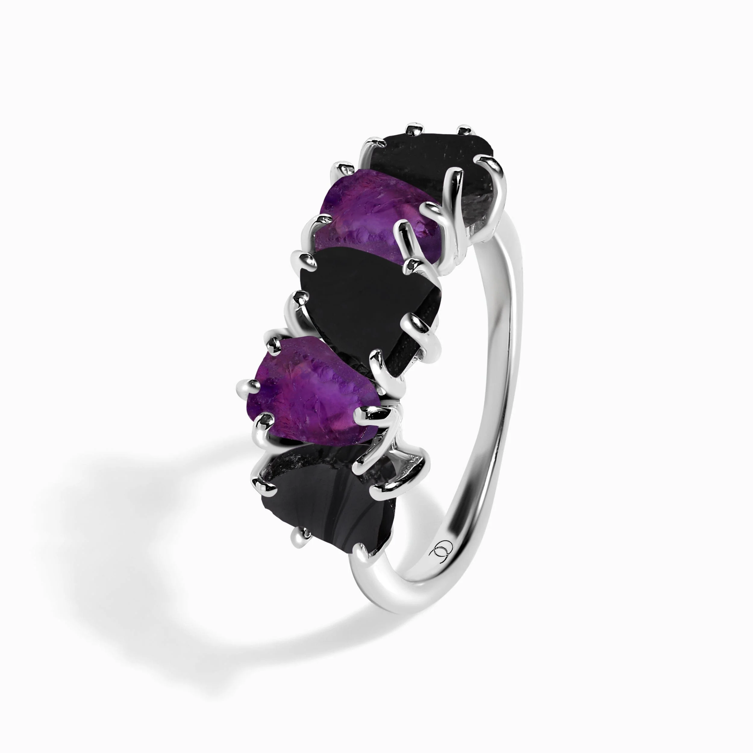 Raw Crystal Ring - Luminous Black Obsidian & Amethyst - Image 13