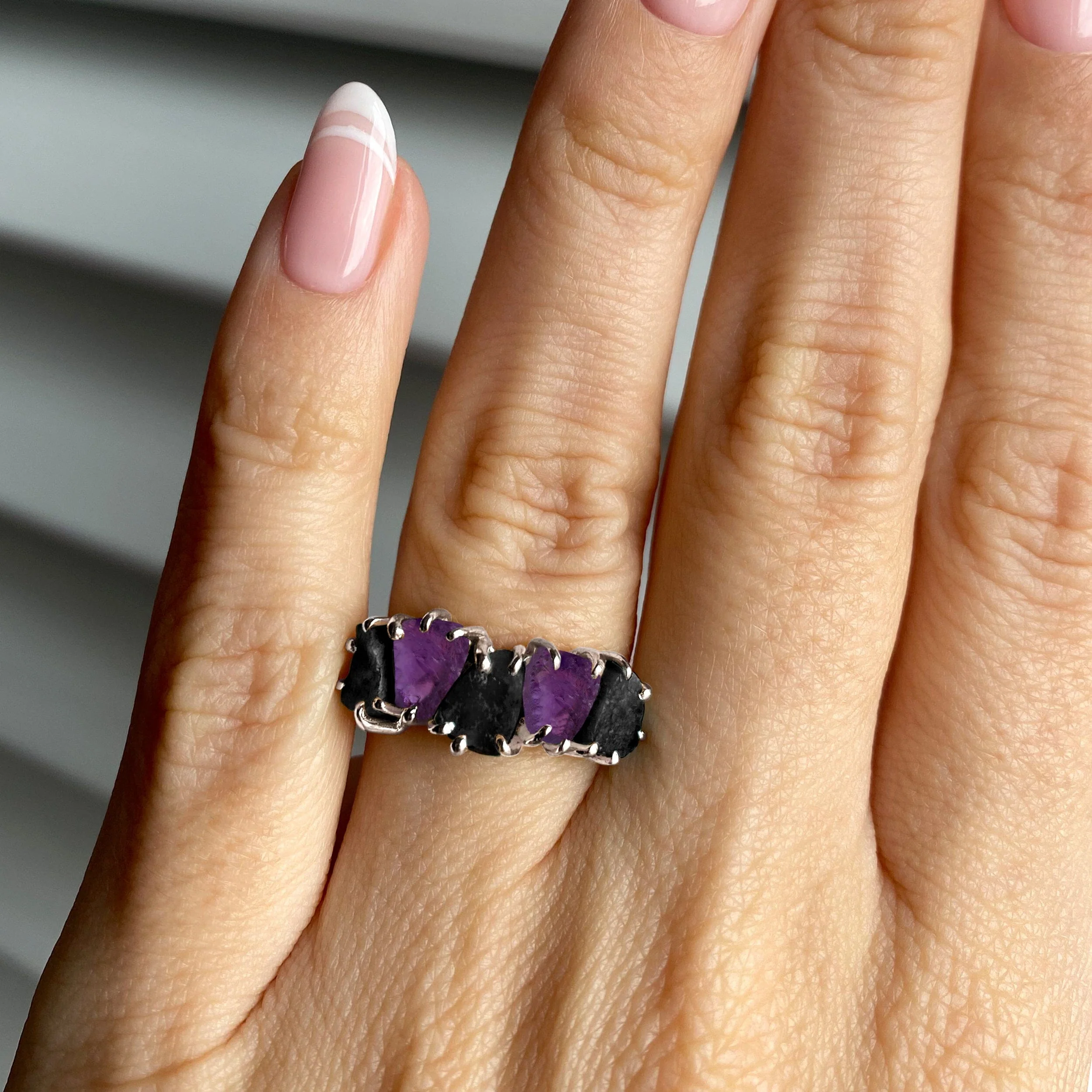 Raw Crystal Ring - Luminous Black Obsidian & Amethyst - Image 2