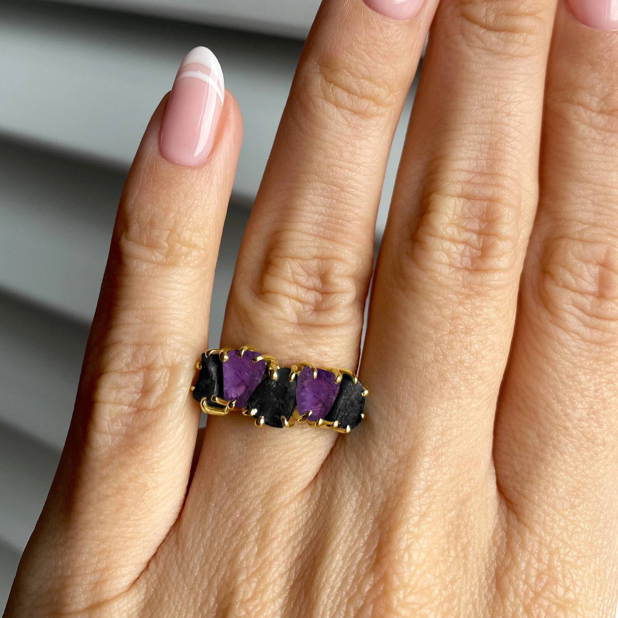 Raw Crystal Ring - Luminous Black Obsidian & Amethyst - Image 22