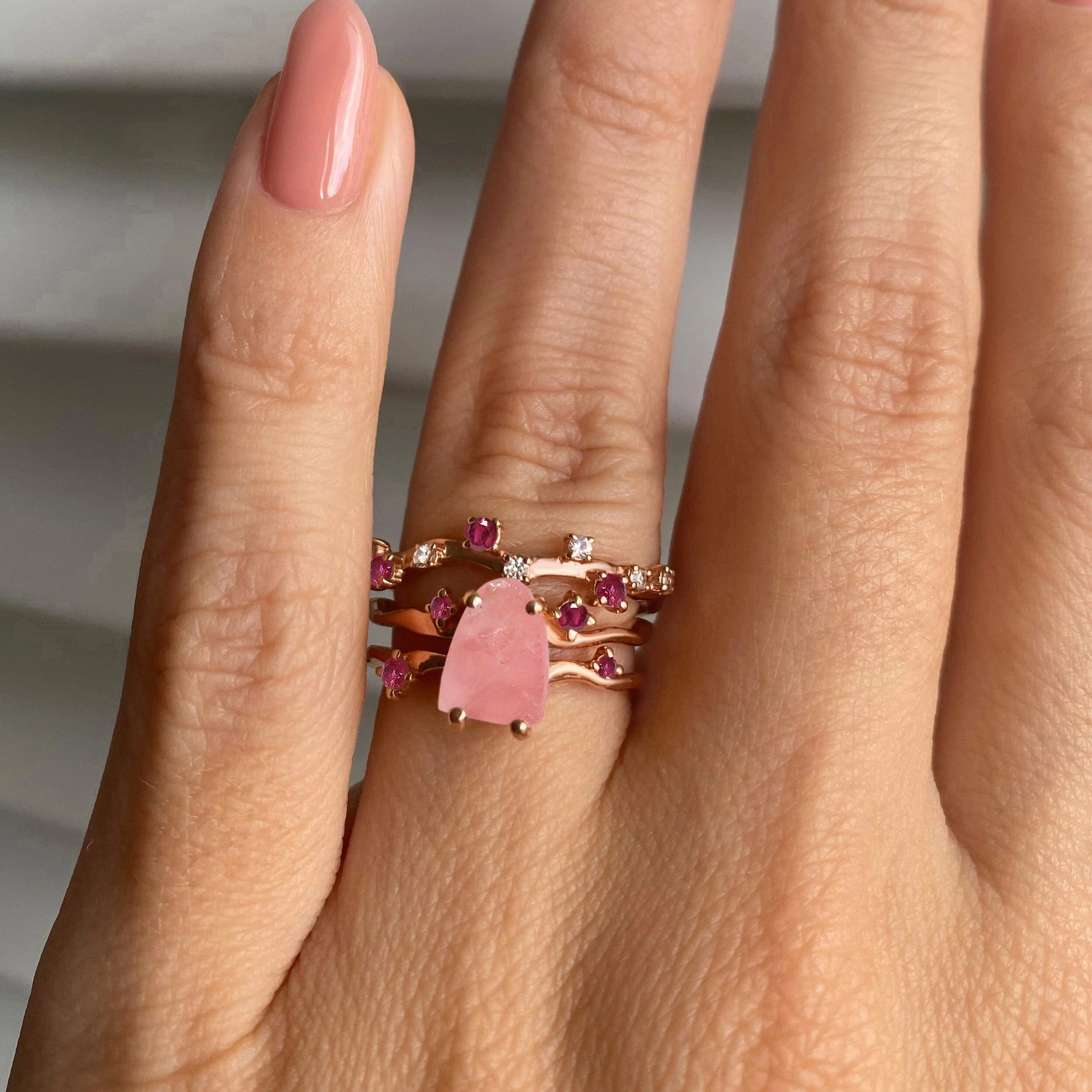 Rose Quartz Flow Ring & Ruby Stardust Band - Image 4