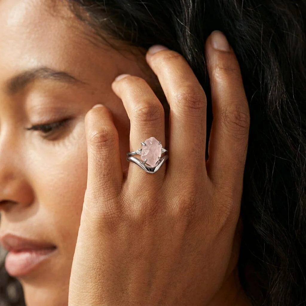 Rose Quartz Lab Diamond Ring - Raw Allure - Image 7
