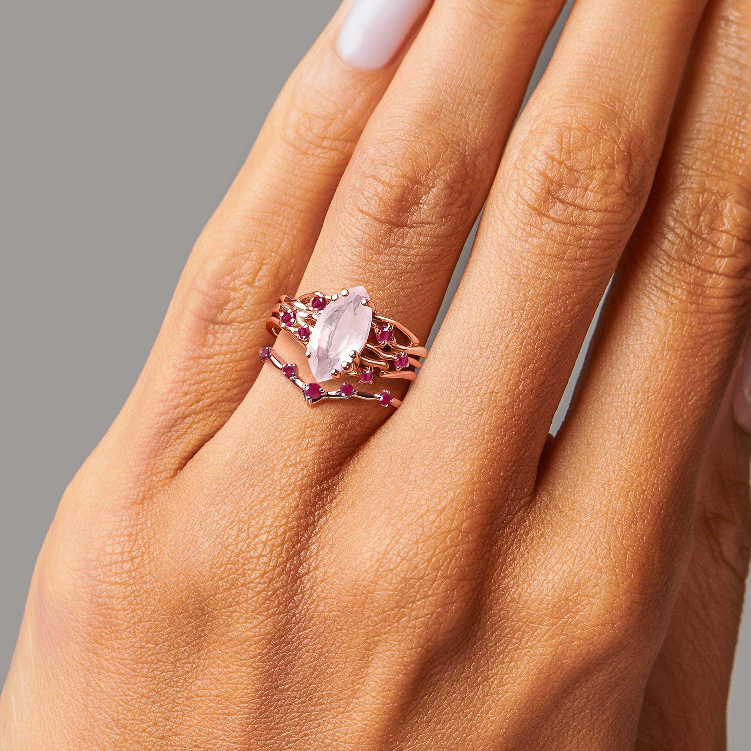 Rose Quartz Ruby Radiance Ring & Cosmic Crown Band - Image 5