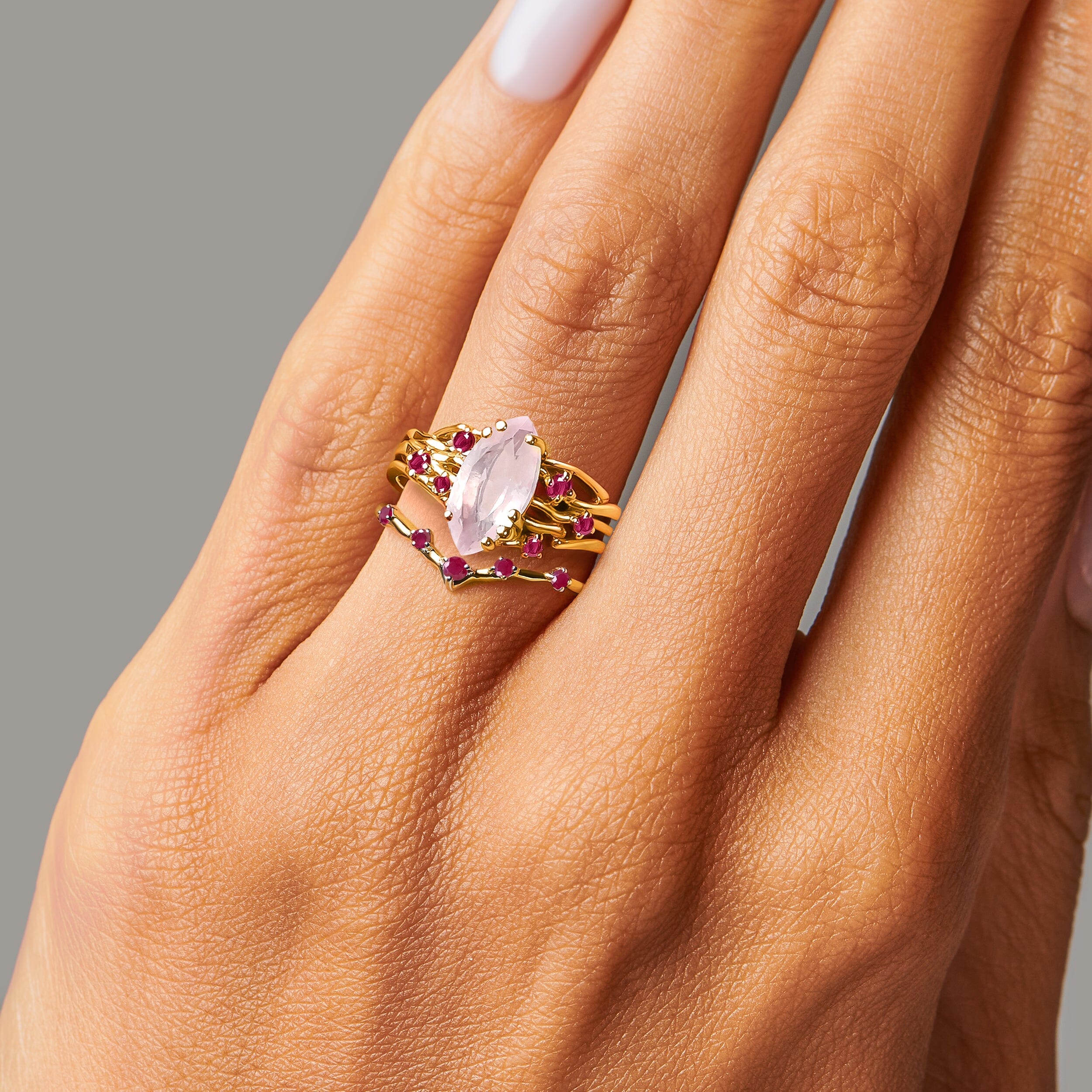 Rose Quartz Ruby Radiance Ring & Cosmic Crown Band - Image 8