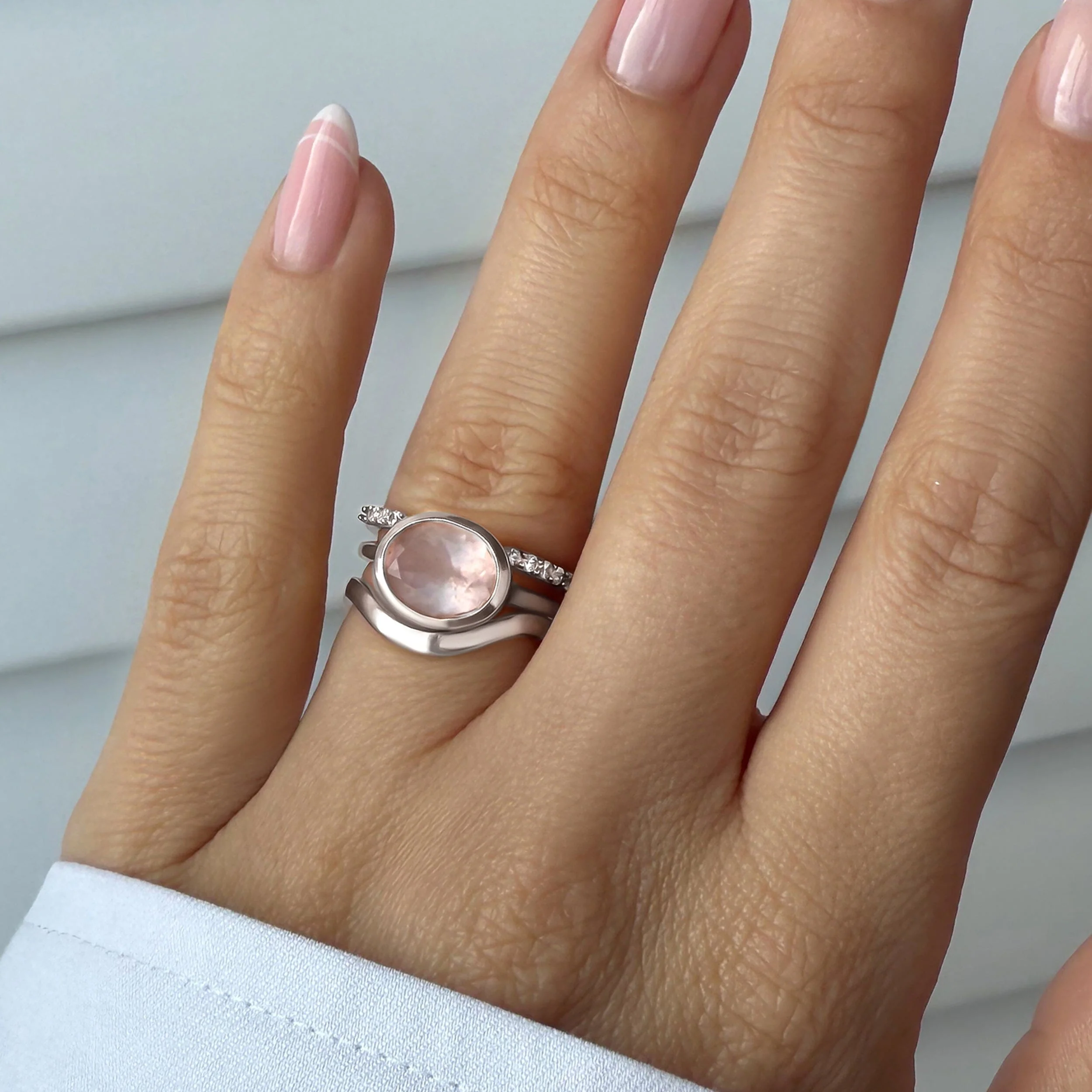 Rose Quartz Skin Touch Ring - Twinkling & Waves Band - Image 2