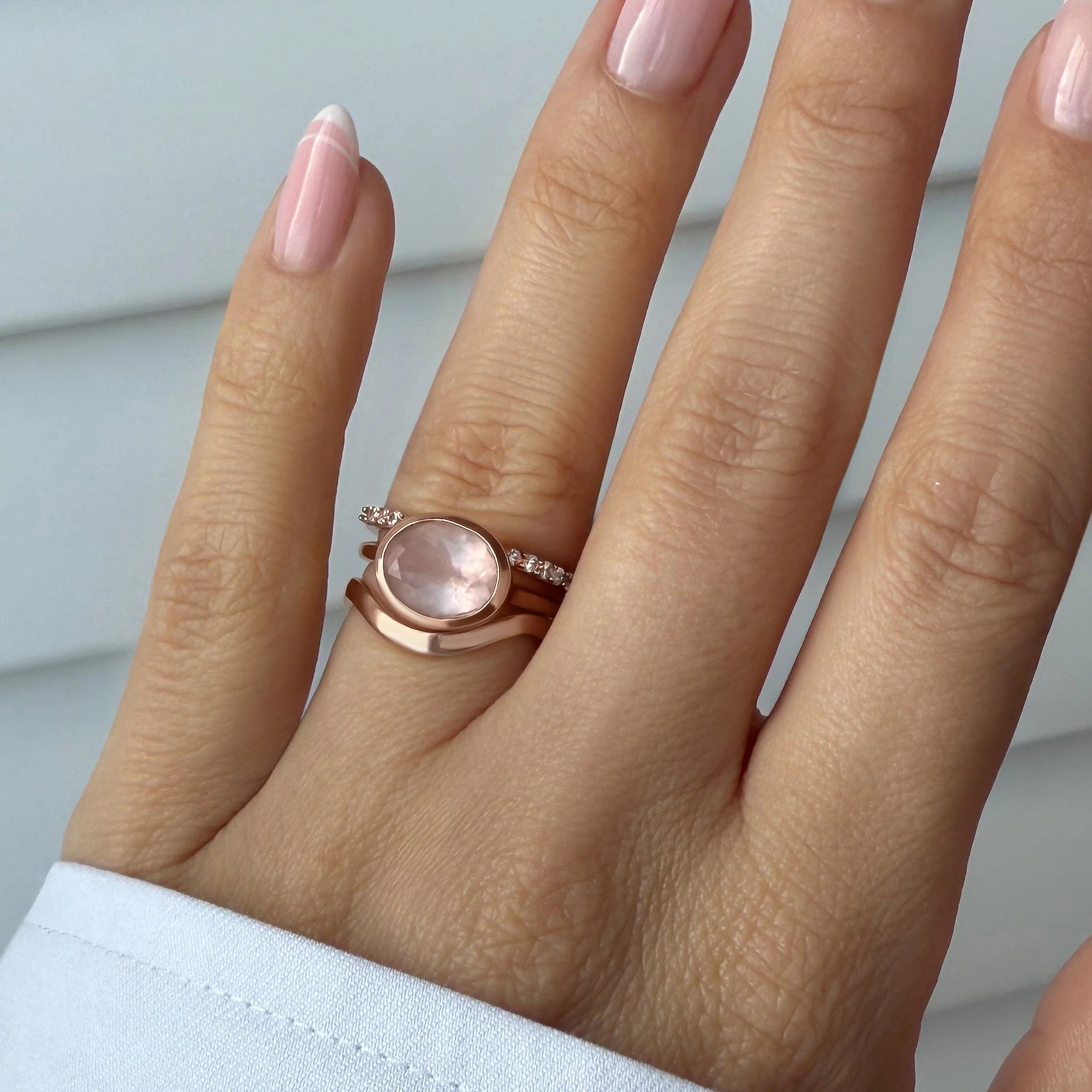 Rose Quartz Skin Touch Ring - Twinkling & Waves Band - Image 4