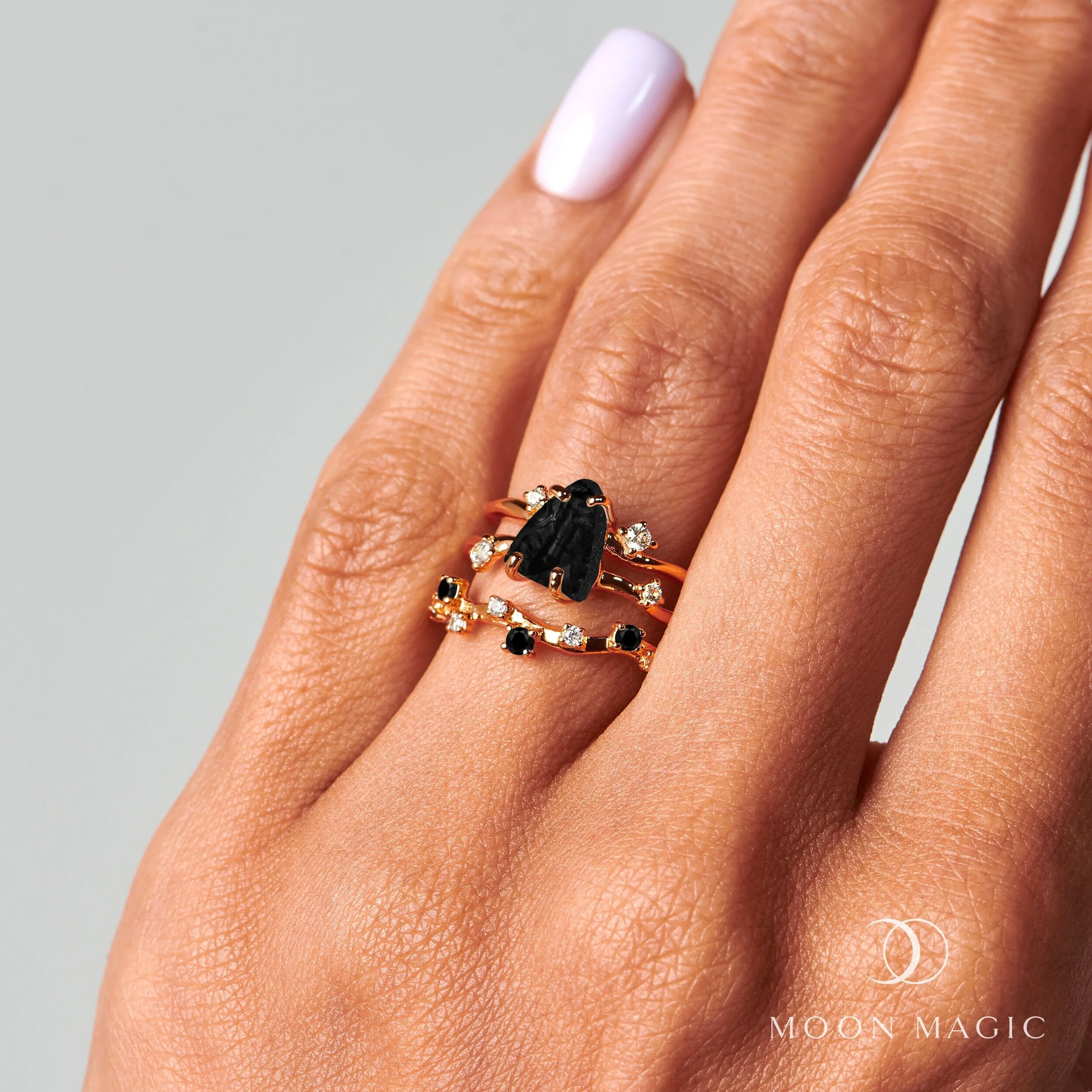 Black Obsidian Flow Ring & Black Onyx Stardust Band - Image 26